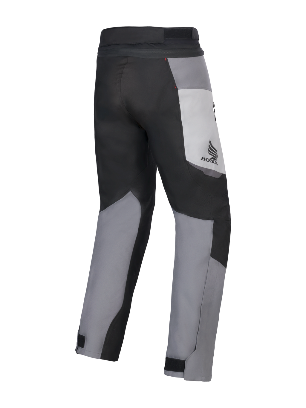 Alpinestars Honda St-1 Waterproof broek, motor touringbroek, Ice Gray, donkergrijs en zwart, achteraanzicht met textielontwerp uit meerdere panelen, Honda-logo op de dij en verstelbare enkelsluitingen voor rijden in alle weersomstandigheden.