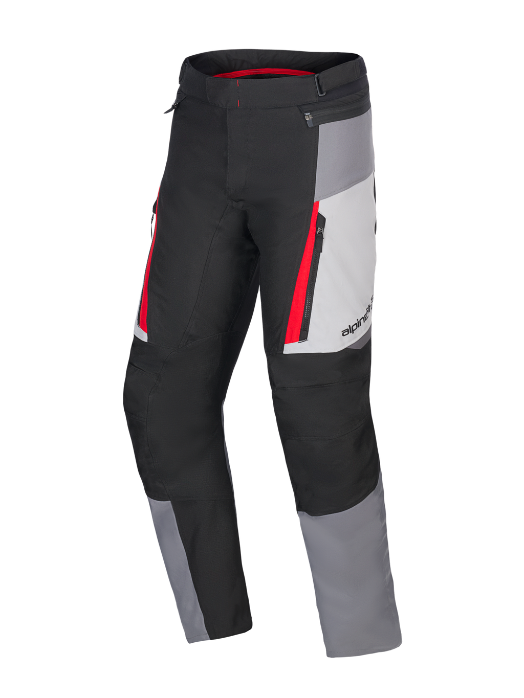 Alpinestars Honda ST-1 waterdichte motorbroek, touring motorbroek, Ice Gray, Dark Gray en zwart met rode accenten, technische textielconstructie met waterdichte voering, cargozakken met rits en ergonomische voorgevormde benen