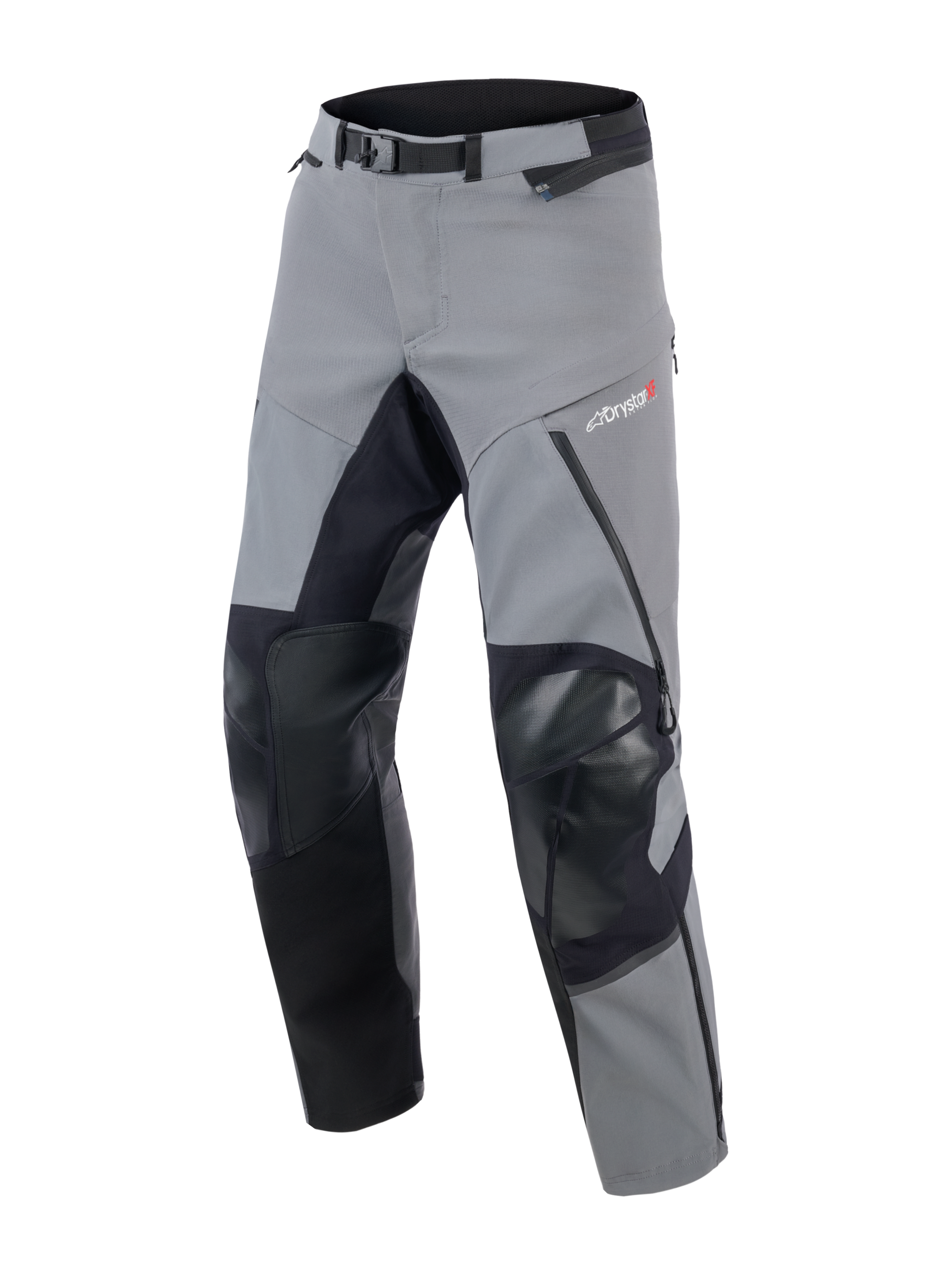 Alpinestars Andes Pro Drystar® XF broek, adventure touring motorbroek, donkergrijs en zwart, voorzien van verstevigde zwarte knie- en binnenbeenpanelen, magnetische gespsluiting in de taille en Drystar XF-logo op de dij, technisch textielontwerp voor extreme weersomstandigheden.