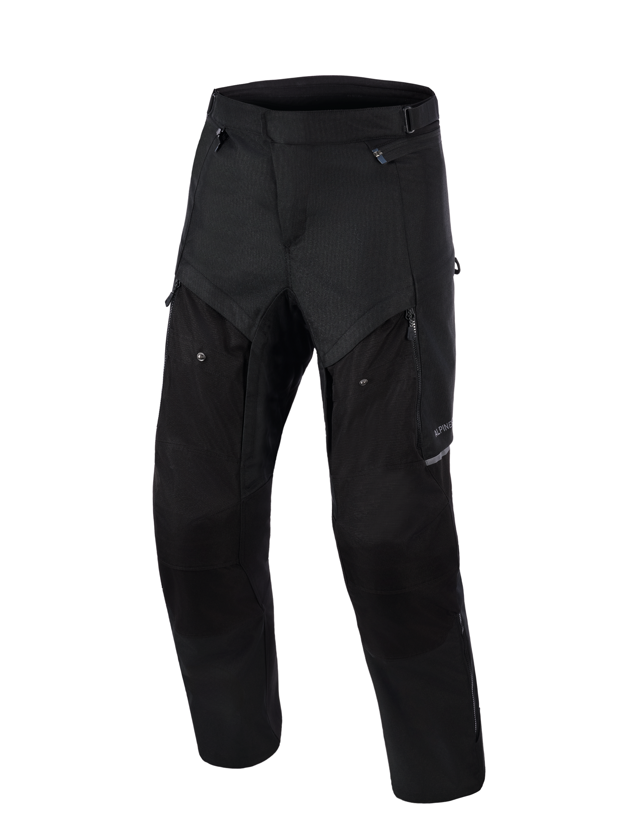 Alpinestars Cusco Drystar® broek, adventure motorbroek, zwart, vooraanzicht, met ritsventilatiepanelen op de dijen, duurzame textiele ripstop-constructie en ergonomisch ontwerp voor weg- en adventure-touring