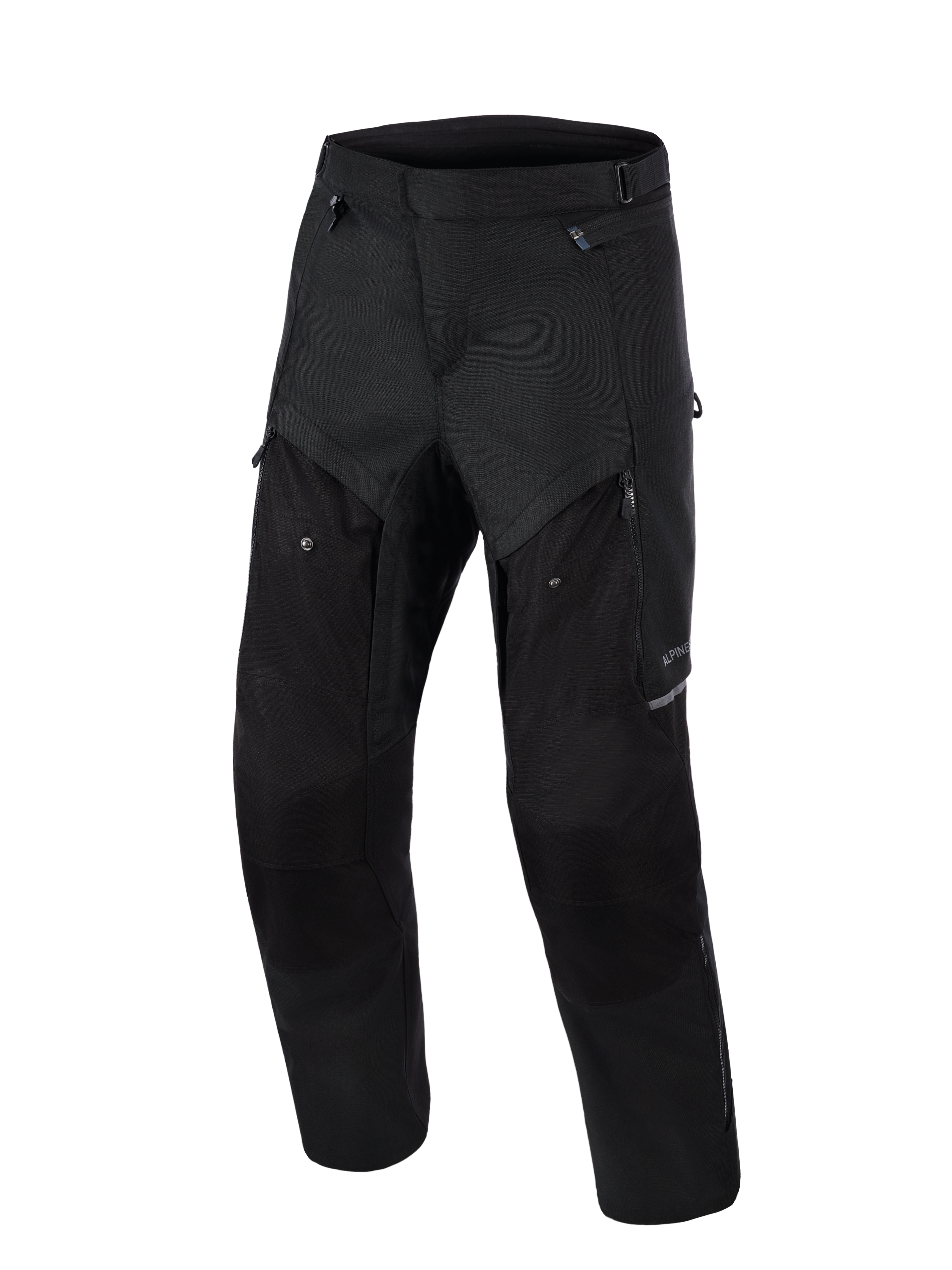 Alpinestars Cusco Drystar® broek, adventure motorbroek, zwart, vooraanzicht, met ritsventilatiepanelen op de dijen, duurzame textiele ripstop-constructie en ergonomisch ontwerp voor weg- en adventure-touring