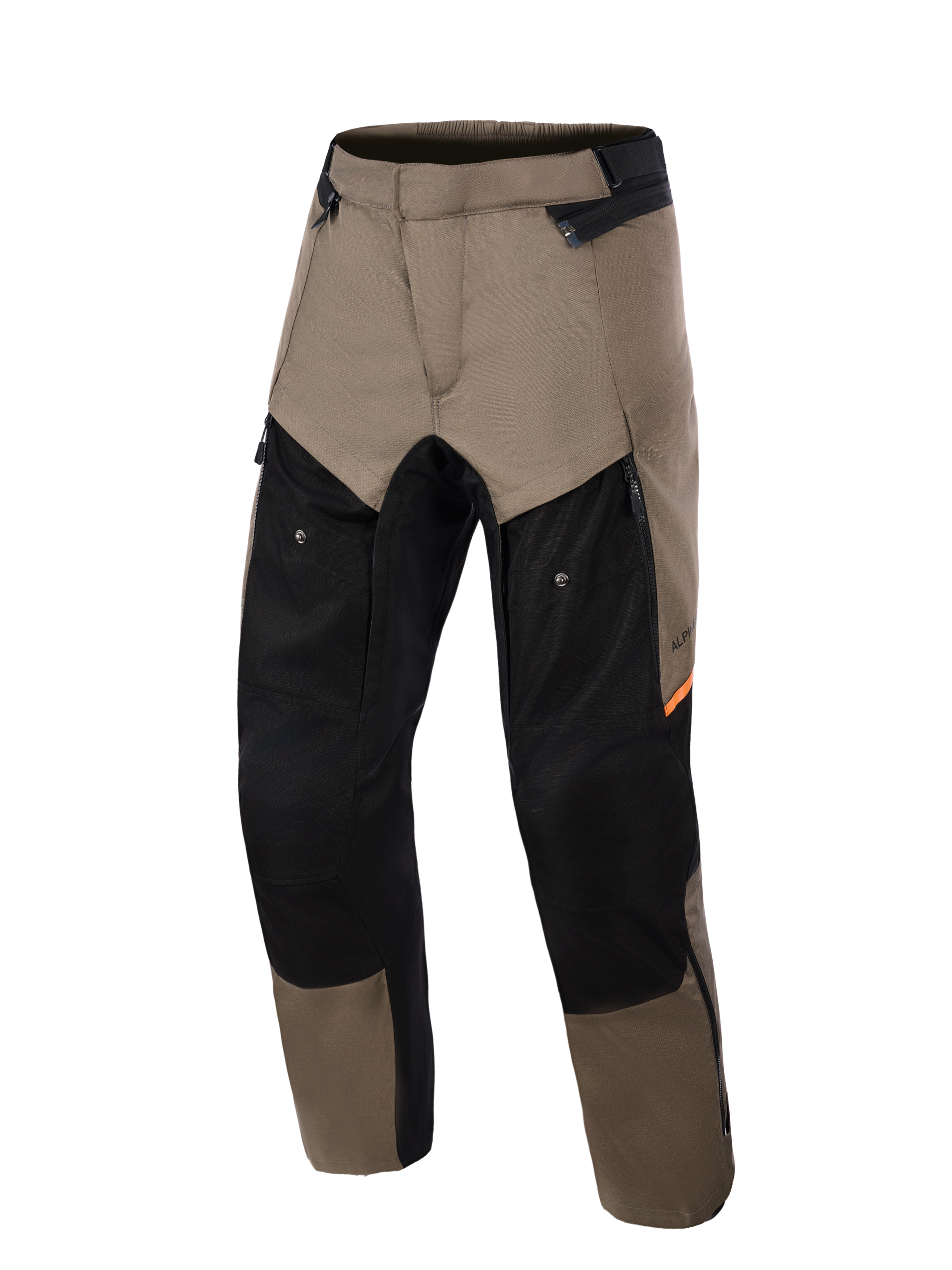 Alpinestars Cusco Drystar® Pants, Walnut Black adventure motorbroek, vooraanzicht, voorzien van walnootbruine en zwarte panelen met oranje accenten, grote dijventilatie met ritssluiting en duurzame textielconstructie.