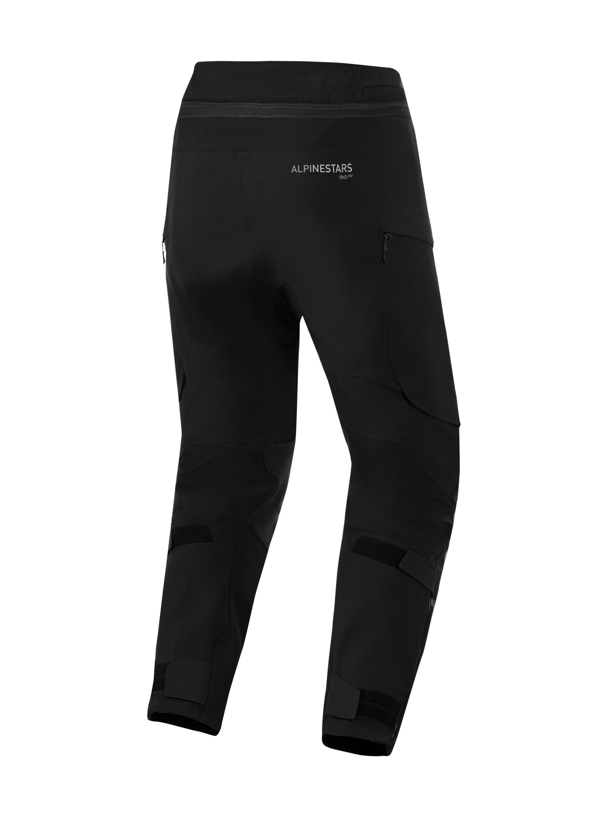 Alpinestars Andes Pro Drystar® XF Pants - Short, Black motorcycle pants, Rear view featuring Alpinestars branding, adjustable velcro straps on the calves and ankles, zippered vents, and durable textile construction for adventure touring.