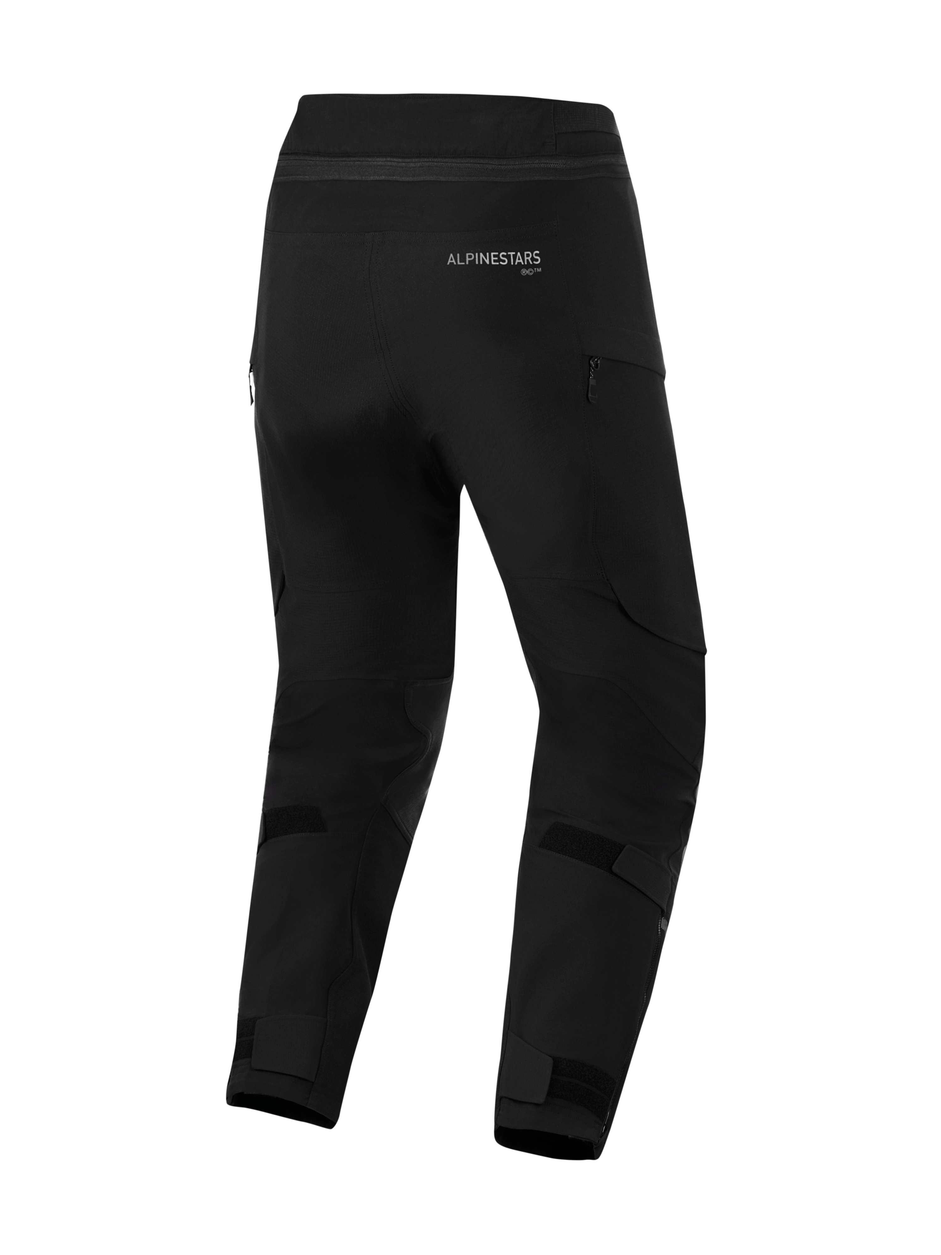 Alpinestars Andes Pro Drystar® XF Broek - Short, zwarte motorbroek, achteraanzicht met Alpinestars-branding, verstelbare klittenbandsluitingen op de kuiten en enkels, ventilatieopeningen met rits en duurzame textielconstructie voor adventure touring.