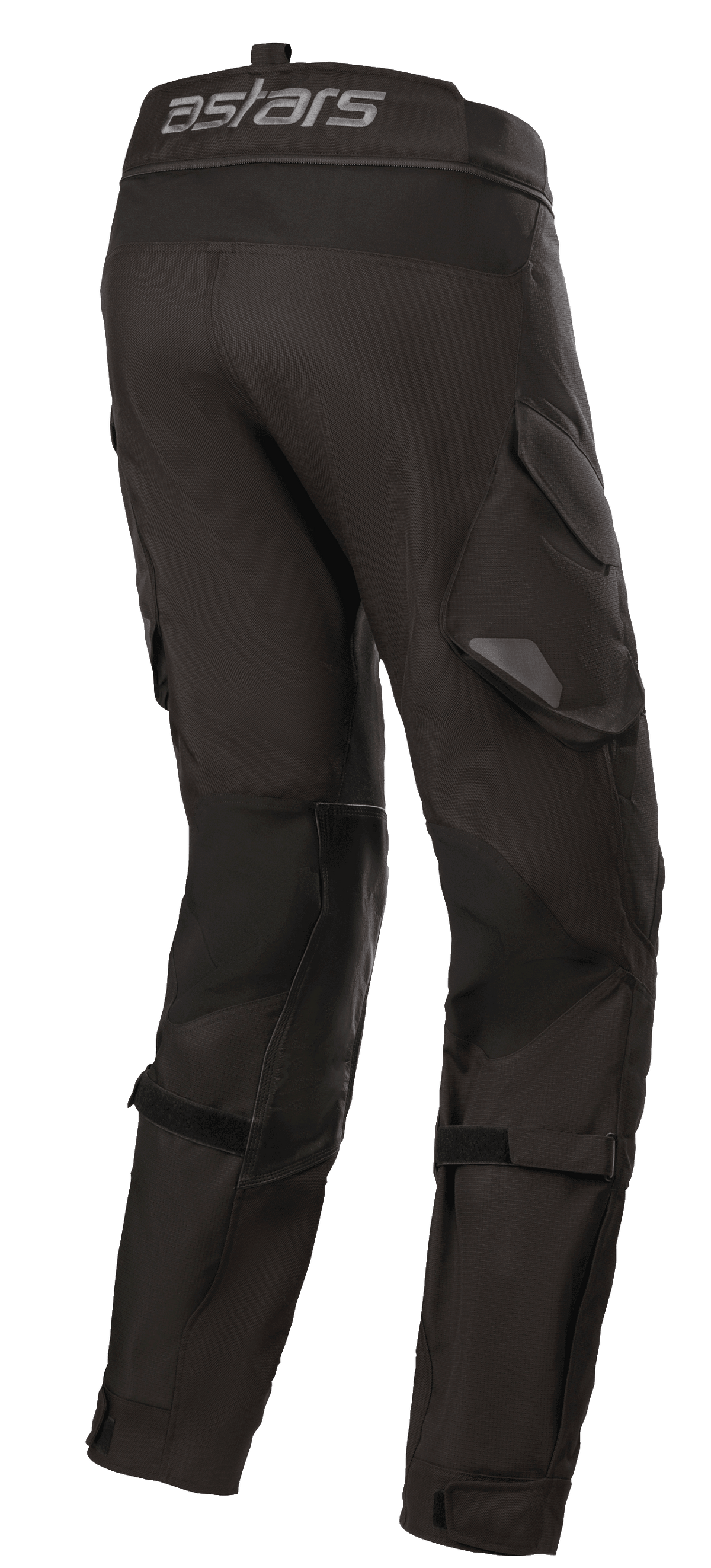 Alpinestars Halo Drystar® Broek, Adventure Touring motorbroek, zwart, achteraanzicht met het astars-logo op de tailleband, functionele cargozakken en verstelbare banden op de benen voor een goede pasvorm.
