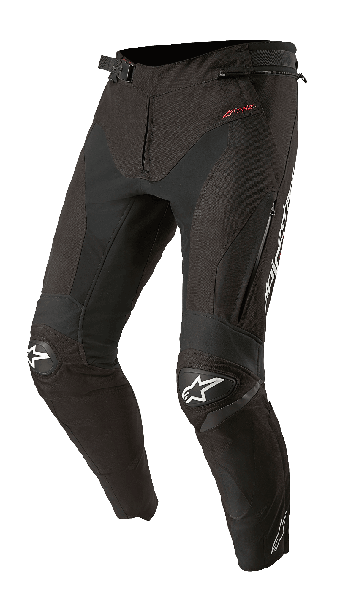 Alpinestars T-SP R Drystar broek, zwarte textiele sport-touring motorbroek, voorzien van versterkte kniebeschermers met witte ster-logo's, rood Drystar-logo op de heup, ventilatieopeningen met rits op de dijen en een verstelbare tailleband met gesp, ontworpen met een gearticuleerde race-pasvorm.