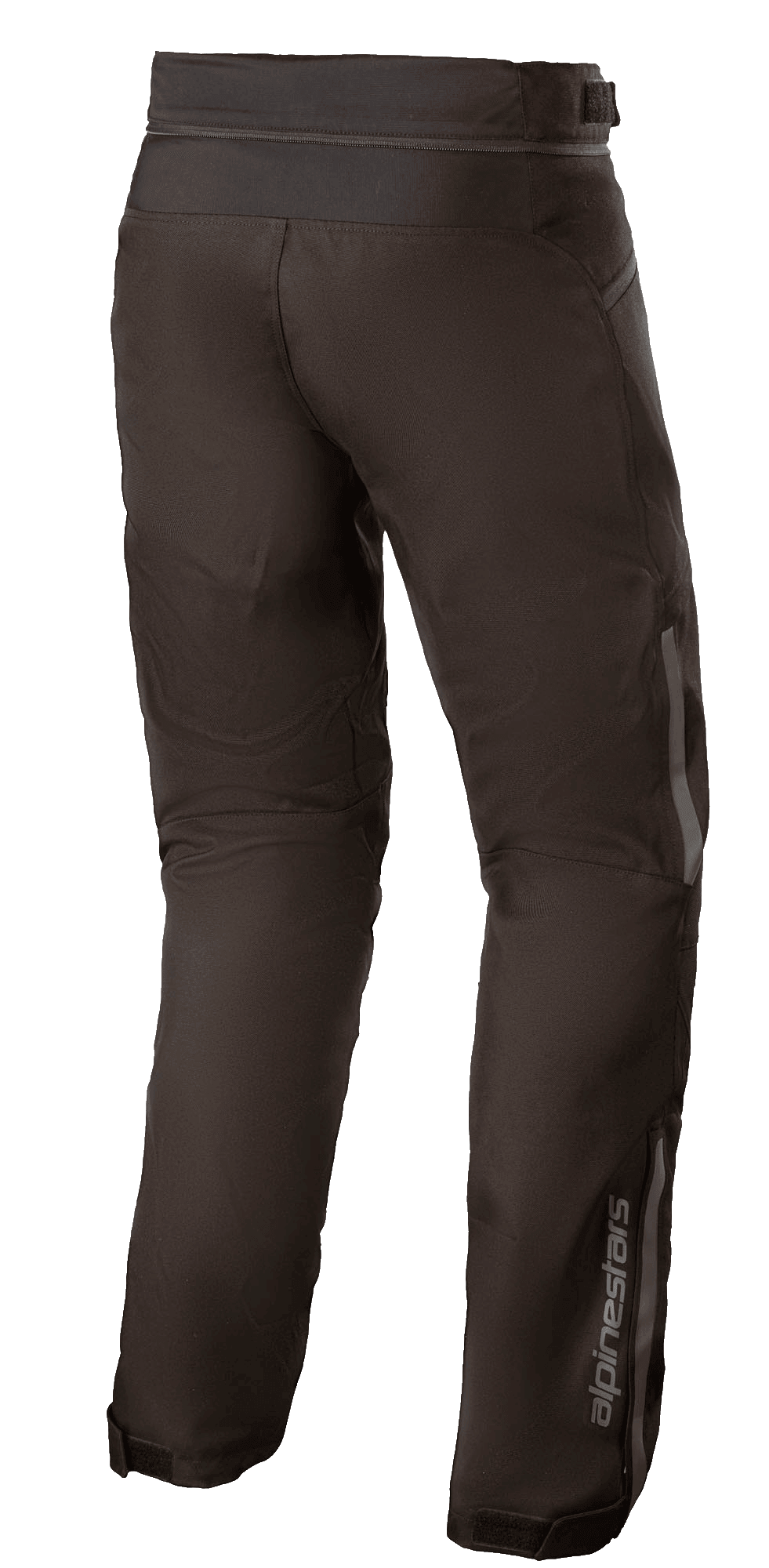 Alpinestars AST-1 V2 Waterproof broek, zwart, textiele motorbroek, achteraanzicht met reflecterende details, Alpinestars-logo op het onderbeen, verbindingsrits in de taille en verstelbare broekspijpen voor bescherming in alle weersomstandigheden