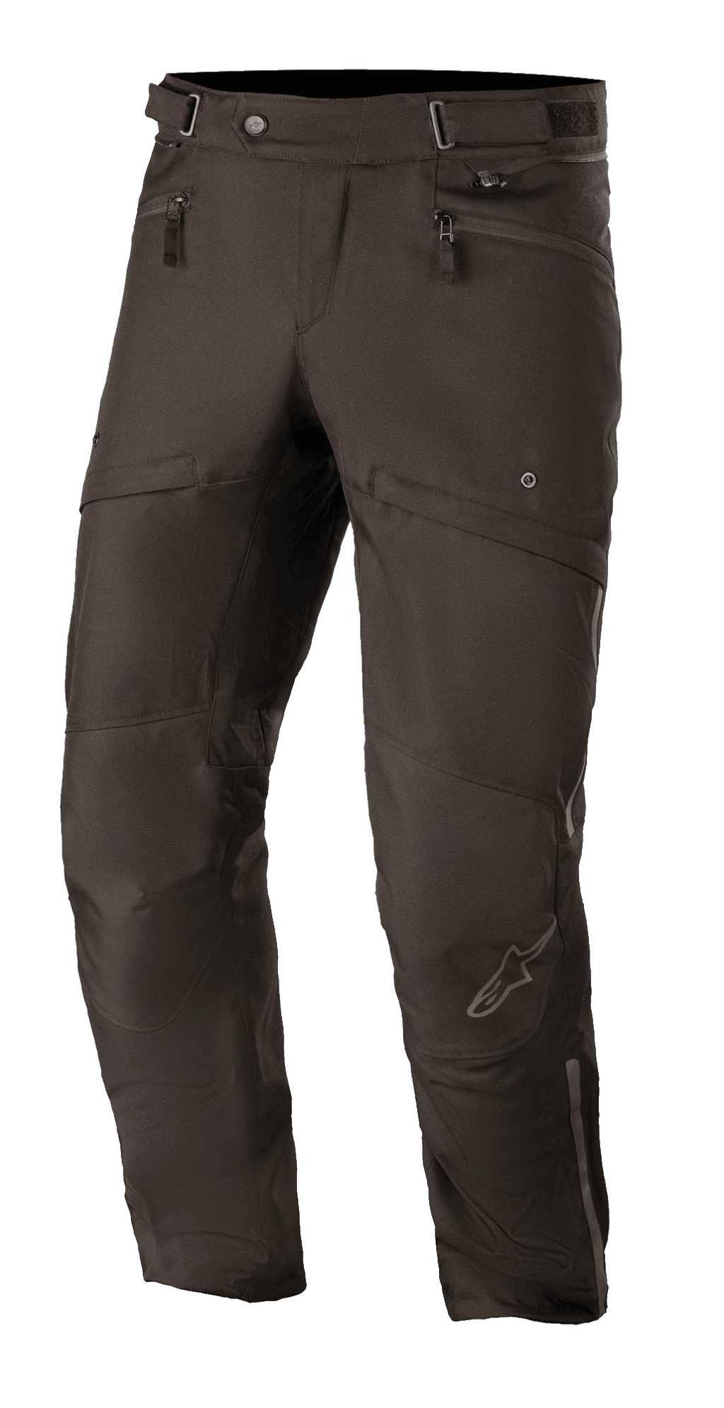 Alpinestars AST-1 V2 Waterproof Pants, zwarte touring motorbroek, duurzame textielstof, handzakken met ritssluiting, verstelbare tailleband, gearticuleerd knie-ontwerp met subtiel sterlogo, strakke motoruitrusting voor alle weersomstandigheden