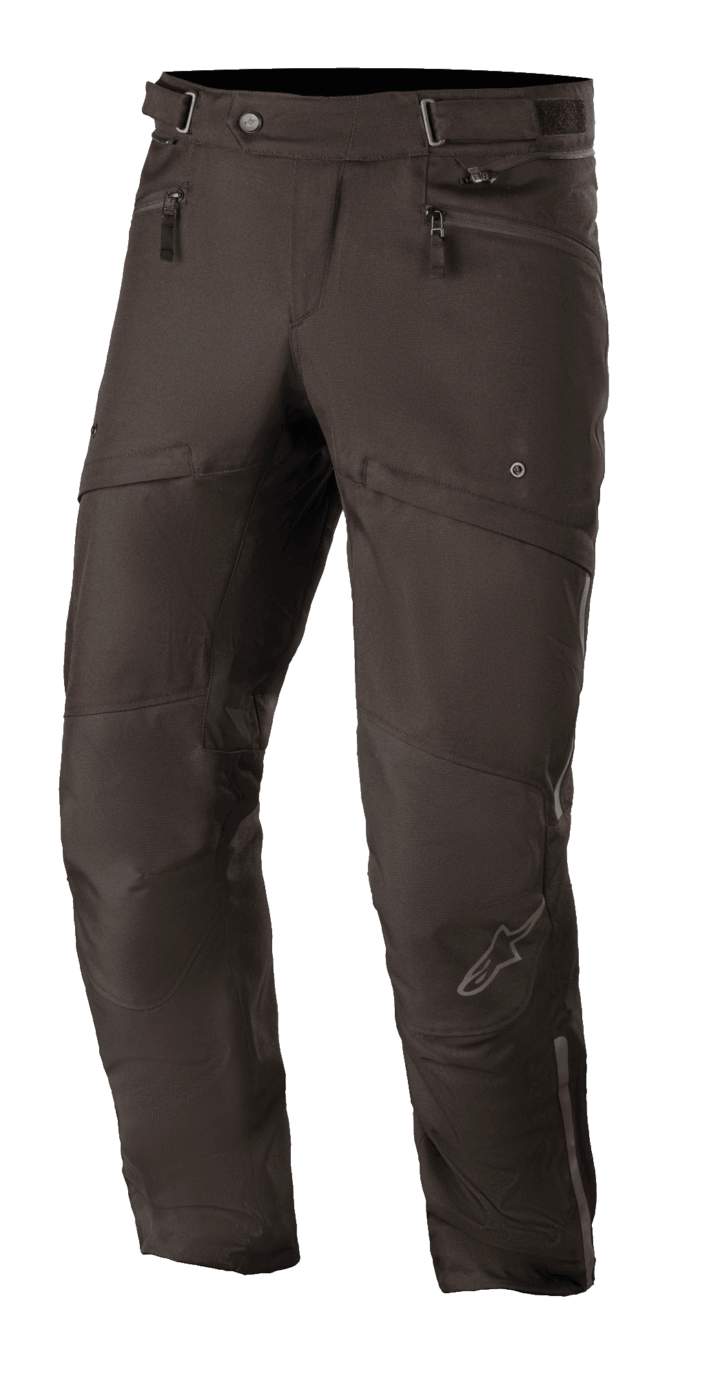 Alpinestars AST-1 V2 Waterproof Pants, zwarte touring motorbroek, duurzame textielstof, handzakken met ritssluiting, verstelbare tailleband, gearticuleerd knie-ontwerp met subtiel sterlogo, strakke motoruitrusting voor alle weersomstandigheden