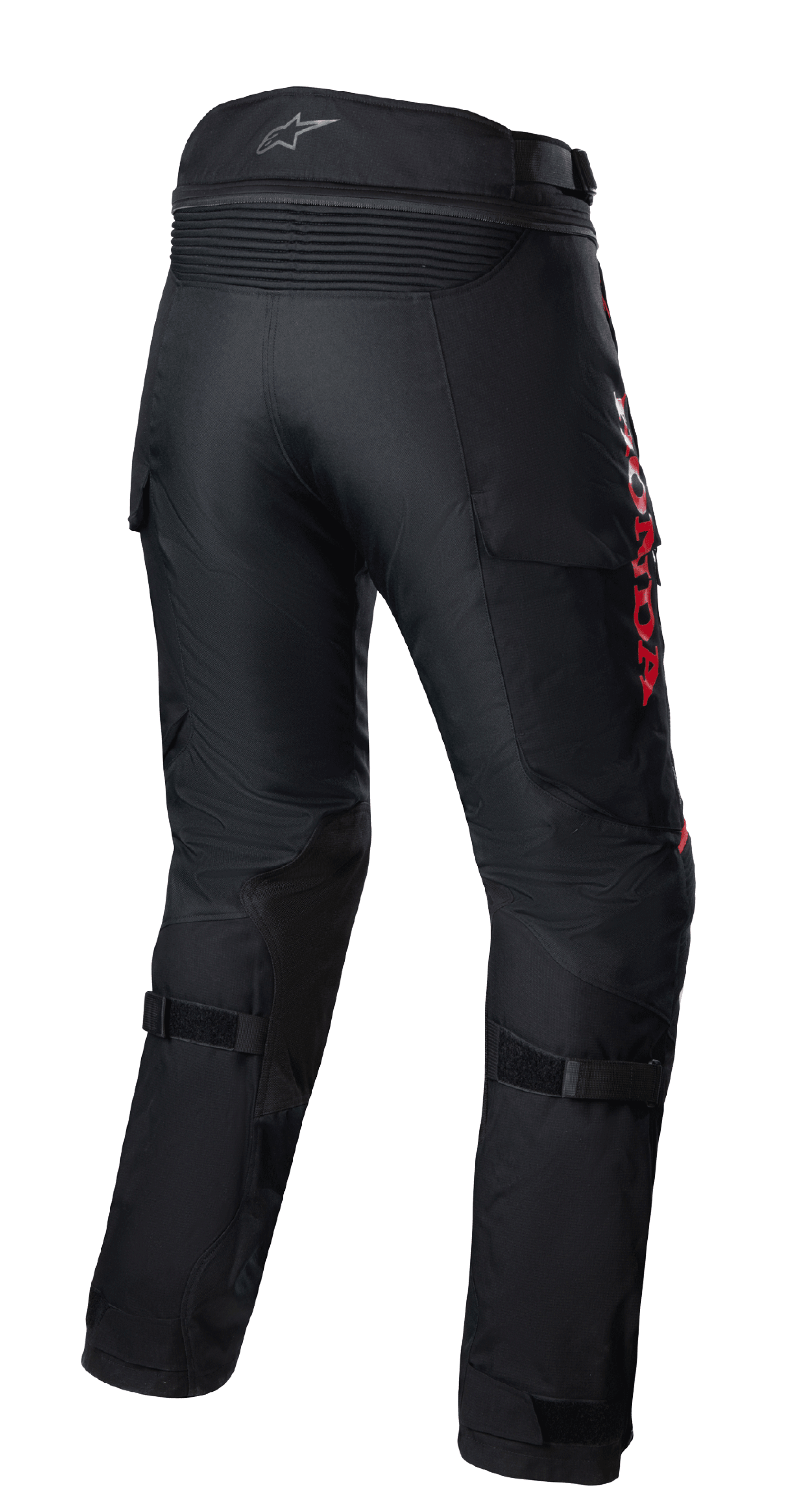 Alpinestars Honda Bogota' Pro Drystar® broek, adventure motorbroek, zwart met rode HONDA-branding, achteraanzicht met accordeon stretchpanelen bij de taille, verstelbare bandjes op de kuiten en duurzame textielconstructie voor multi-seizoen adventure ritten.