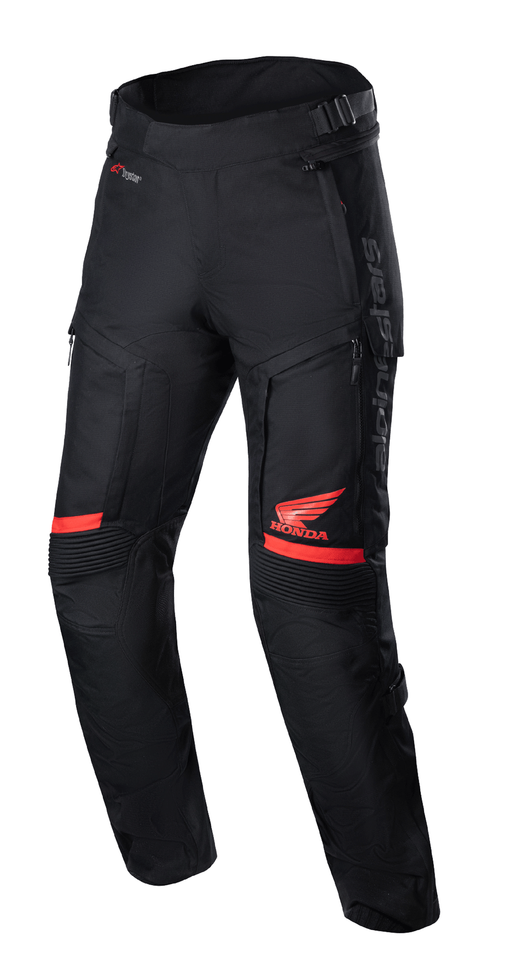 Honda Bogota' Pro Drystar® broek, motortouringbroek, zwart en rood, met rood Honda Wing-logo op het bovenbeen, accordeon stretchpanelen bij de knieën, technische textielconstructie, verstelbare taillebanden en Alpinestars-branding