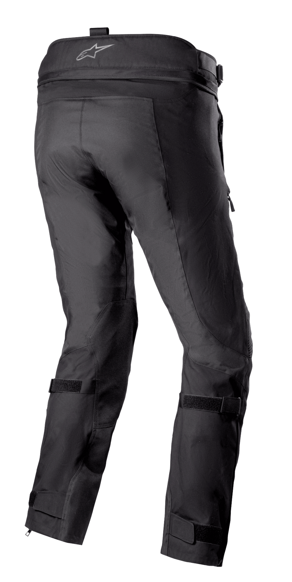 Alpinestars Bogotá Pro Drystar® 3 Seasons broek, zwarte adventure touring motorbroek achteraanzicht, voorzien van logo op de tailleband, verstelbare beenbanden en technische textielconstructie met versterkte panelen.