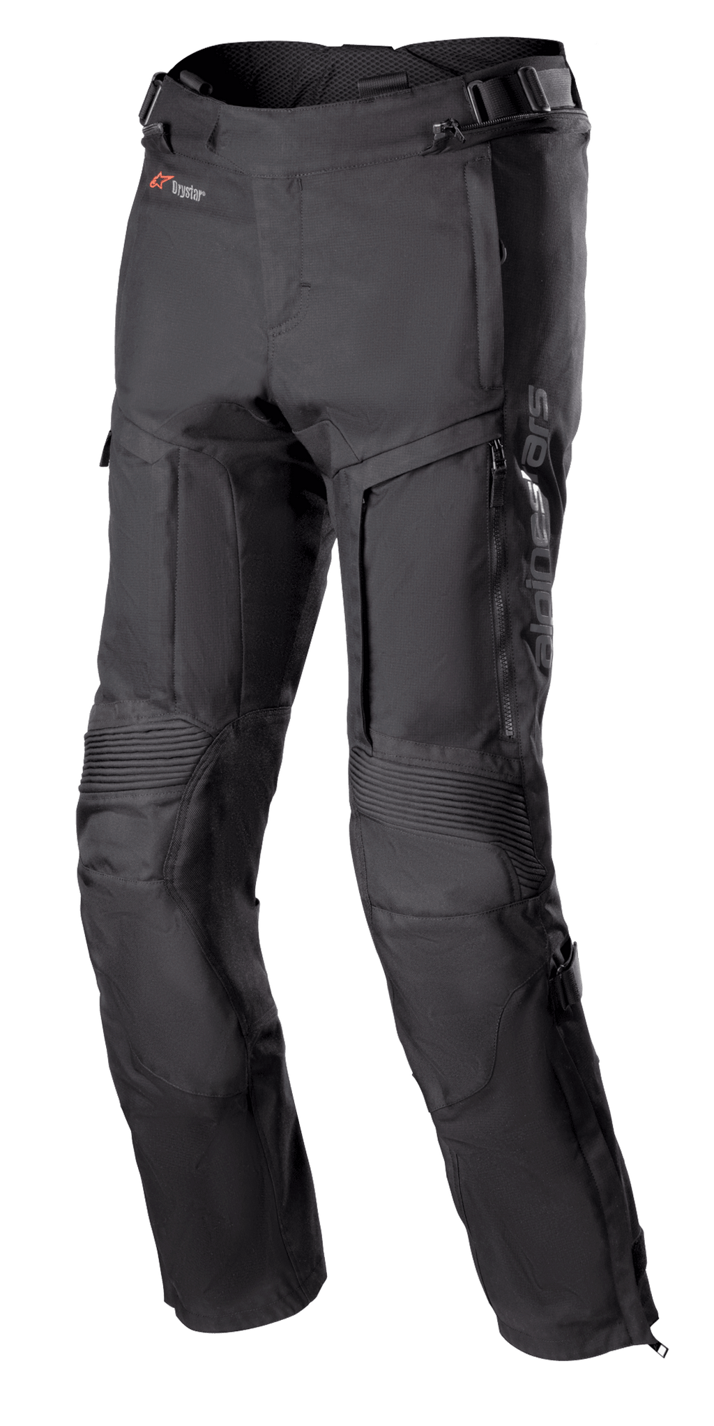 Alpinestars Bogota Pro Drystar 3 Seasons Pants, zwarte touring motorbroek, ventilatieritsen op de dijen, accordeon-stretchpanelen op de knieën, verstelbare taillebanden, duurzame textielstof met Drystar-branding