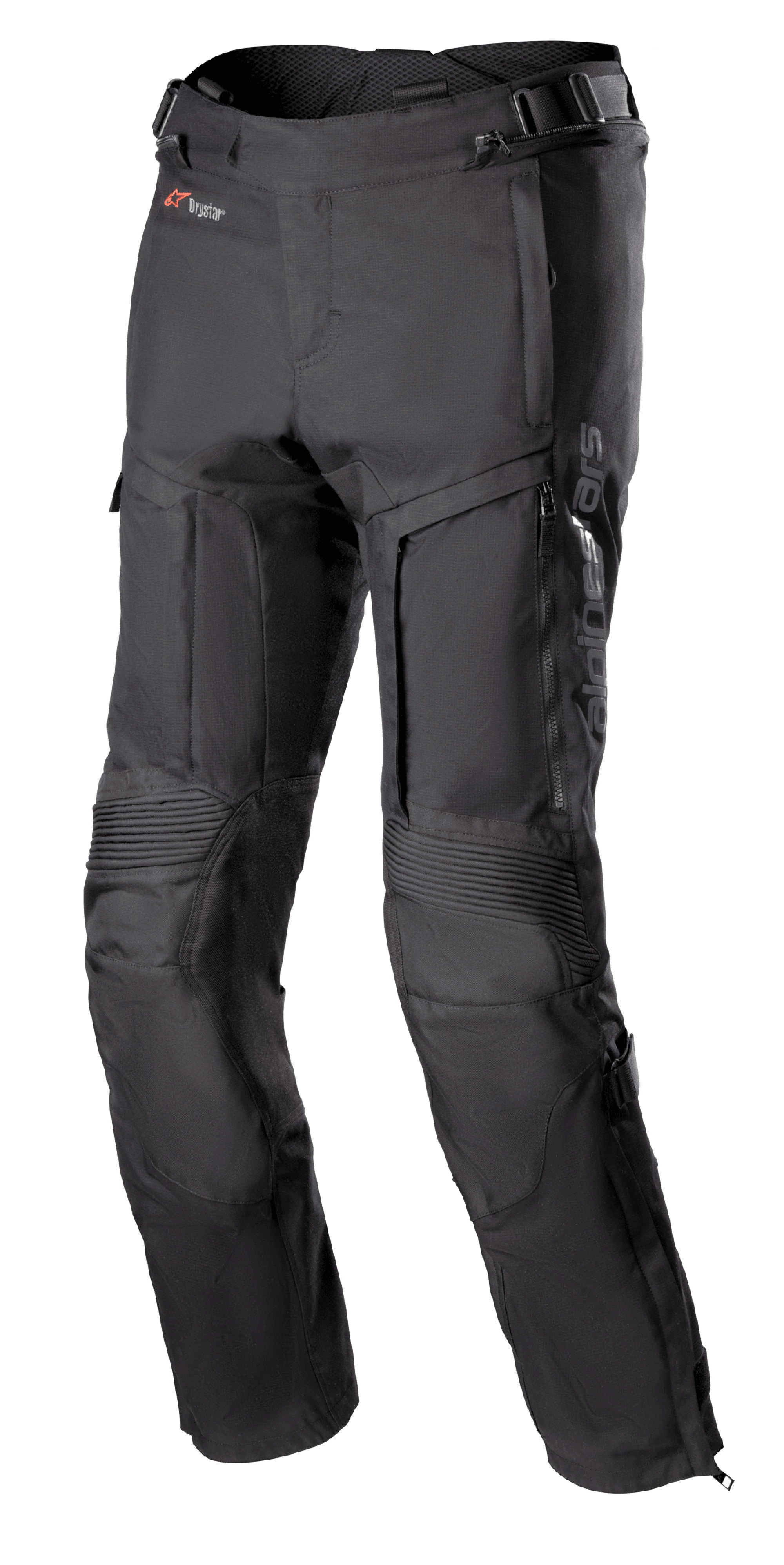 Alpinestars Bogota Pro Drystar 3 Seasons Pants, zwarte touring motorbroek, ventilatieritsen op de dijen, accordeon-stretchpanelen op de knieën, verstelbare taillebanden, duurzame textielstof met Drystar-branding