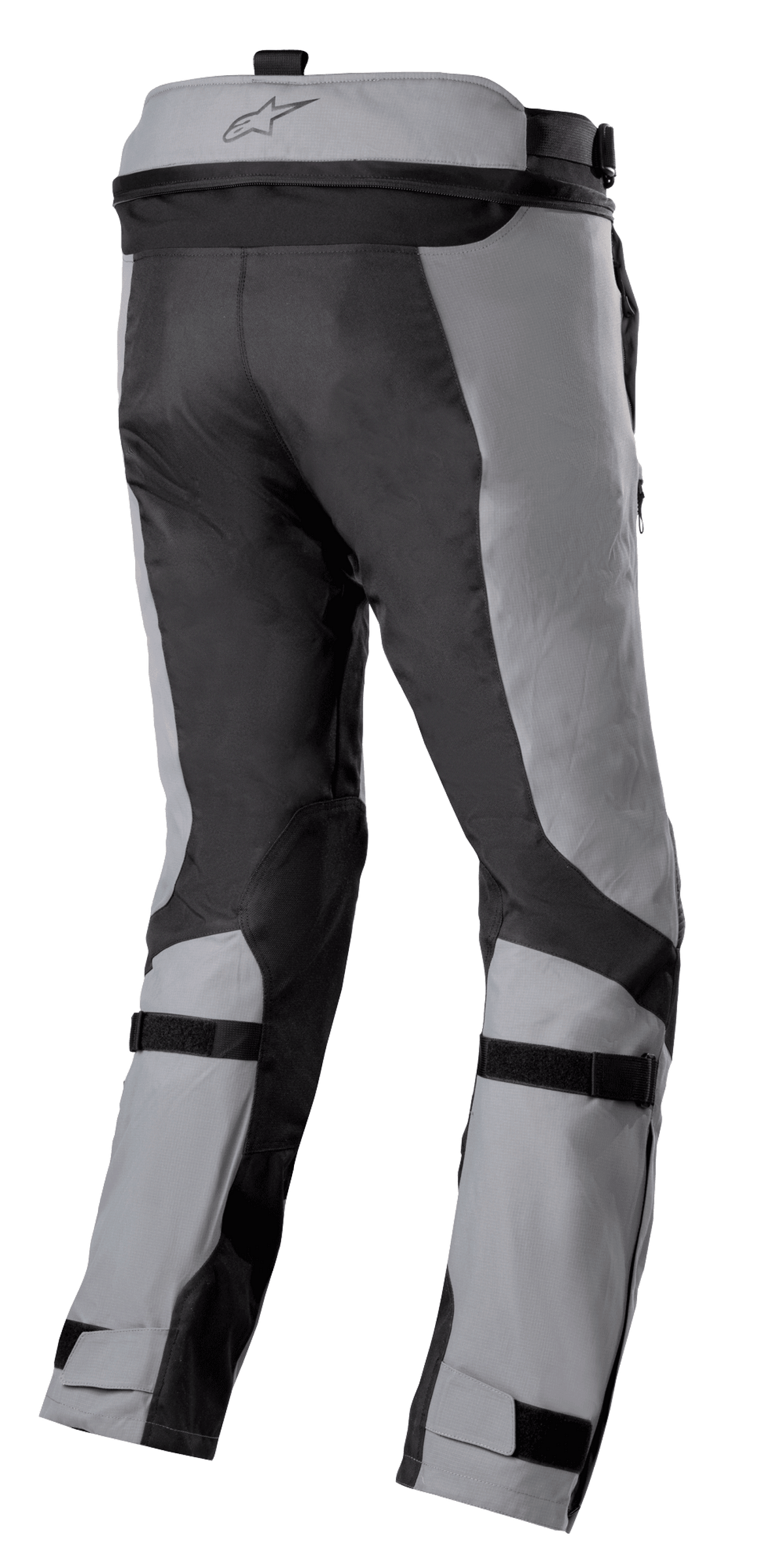 Alpinestars Bogotá Pro Drystar® 3 Seasons broek, Adventure Touring motorbroek, donkergrijs en lichtgrijs, achteraanzicht met verstelbare kuit- en enkelbanden, taille-verbindingsrits en duurzame ripstop textielpanelen.