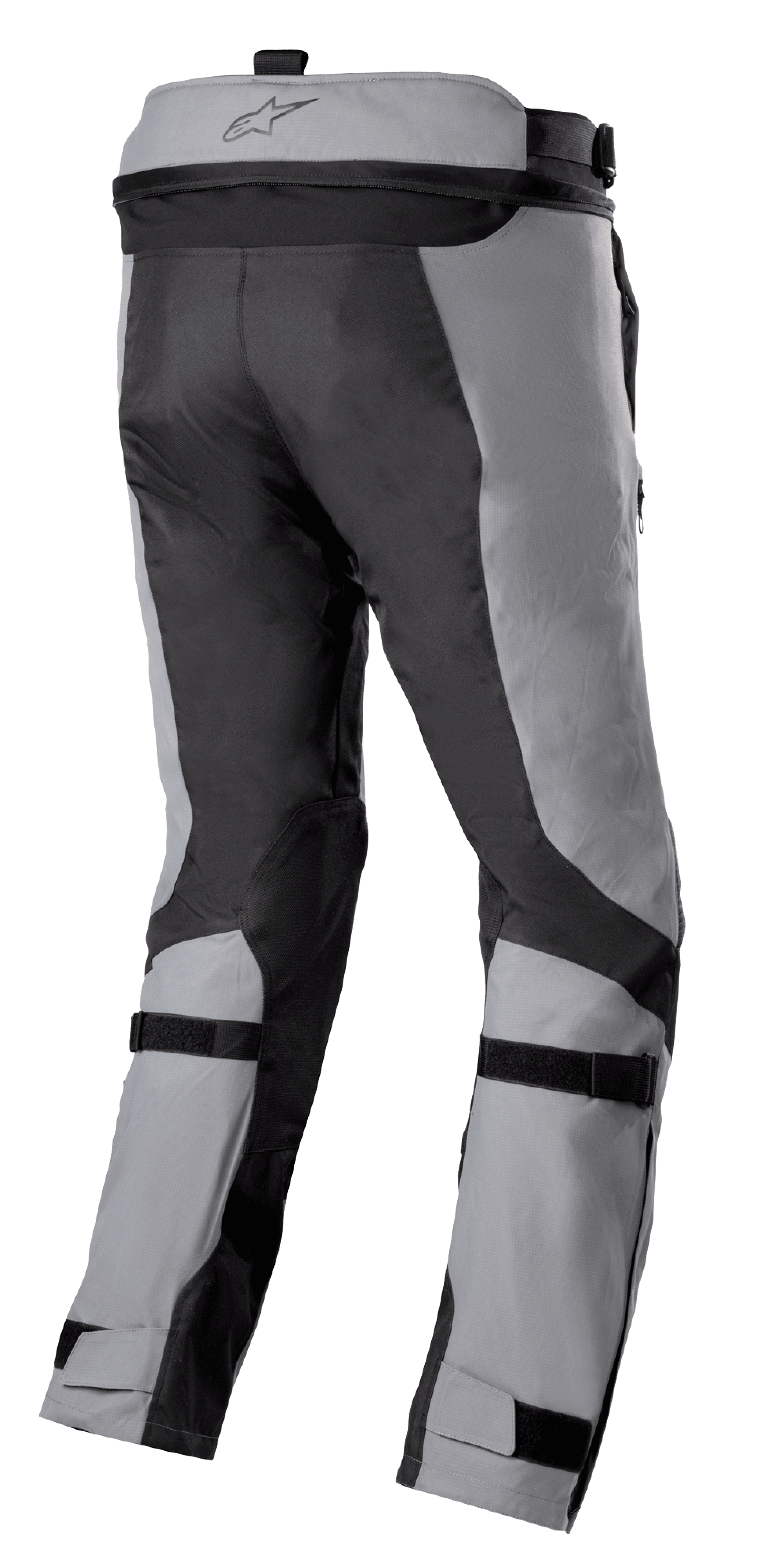 Alpinestars Bogotá Pro Drystar® 3 Seasons broek, Adventure Touring motorbroek, donkergrijs en lichtgrijs, achteraanzicht met verstelbare kuit- en enkelbanden, taille-verbindingsrits en duurzame ripstop textielpanelen.