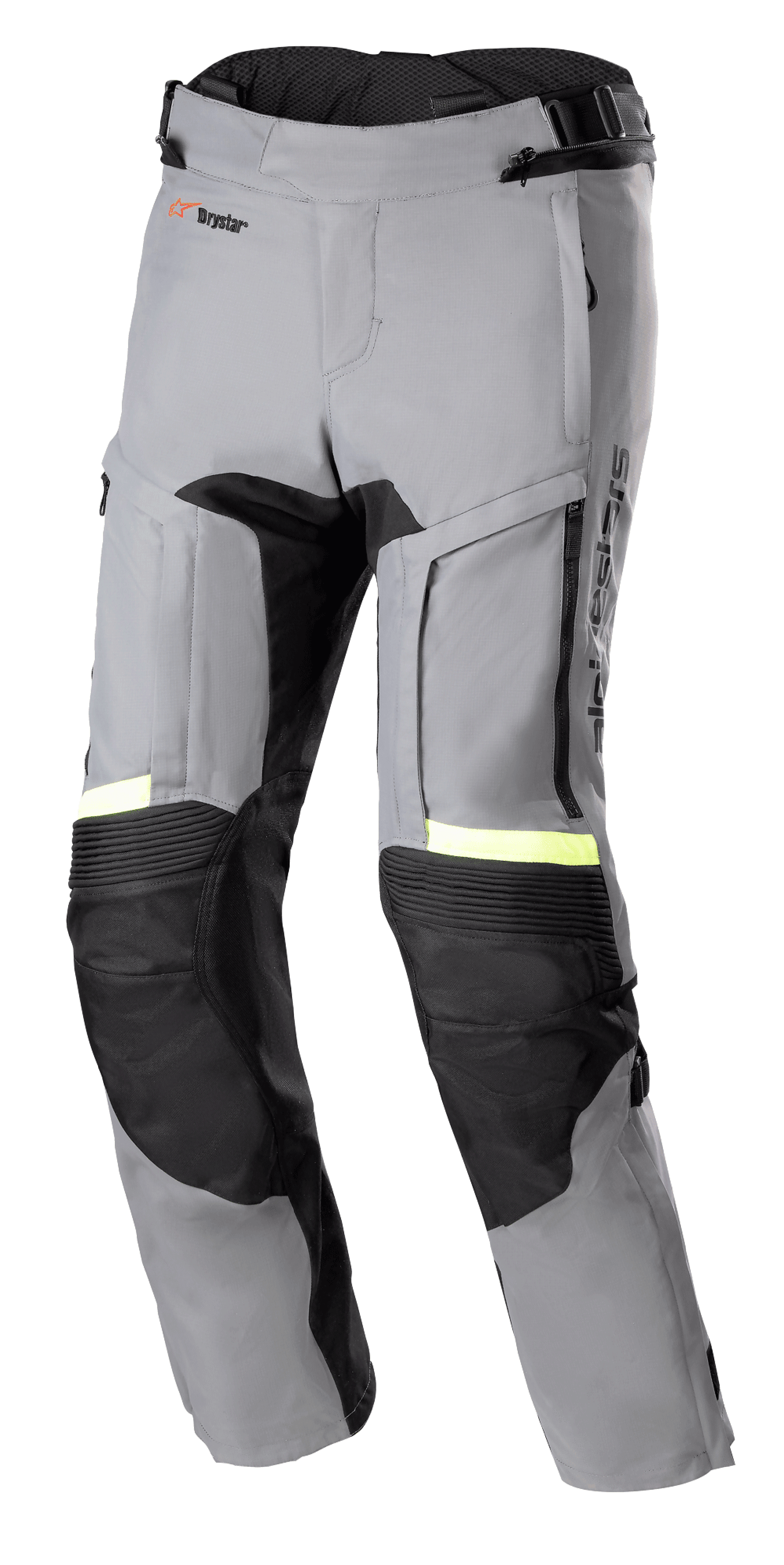 Alpinestars Bogota' Pro Drystar® 3 Seasons Pants, donkergrijze en zwarte adventure touring motorbroek, neongele fluorescerende reflecterende accenten, ventilatiepanelen met rits op de dijen, accordeon-stretch bij de knieën, verstevigde beschermende panelen
