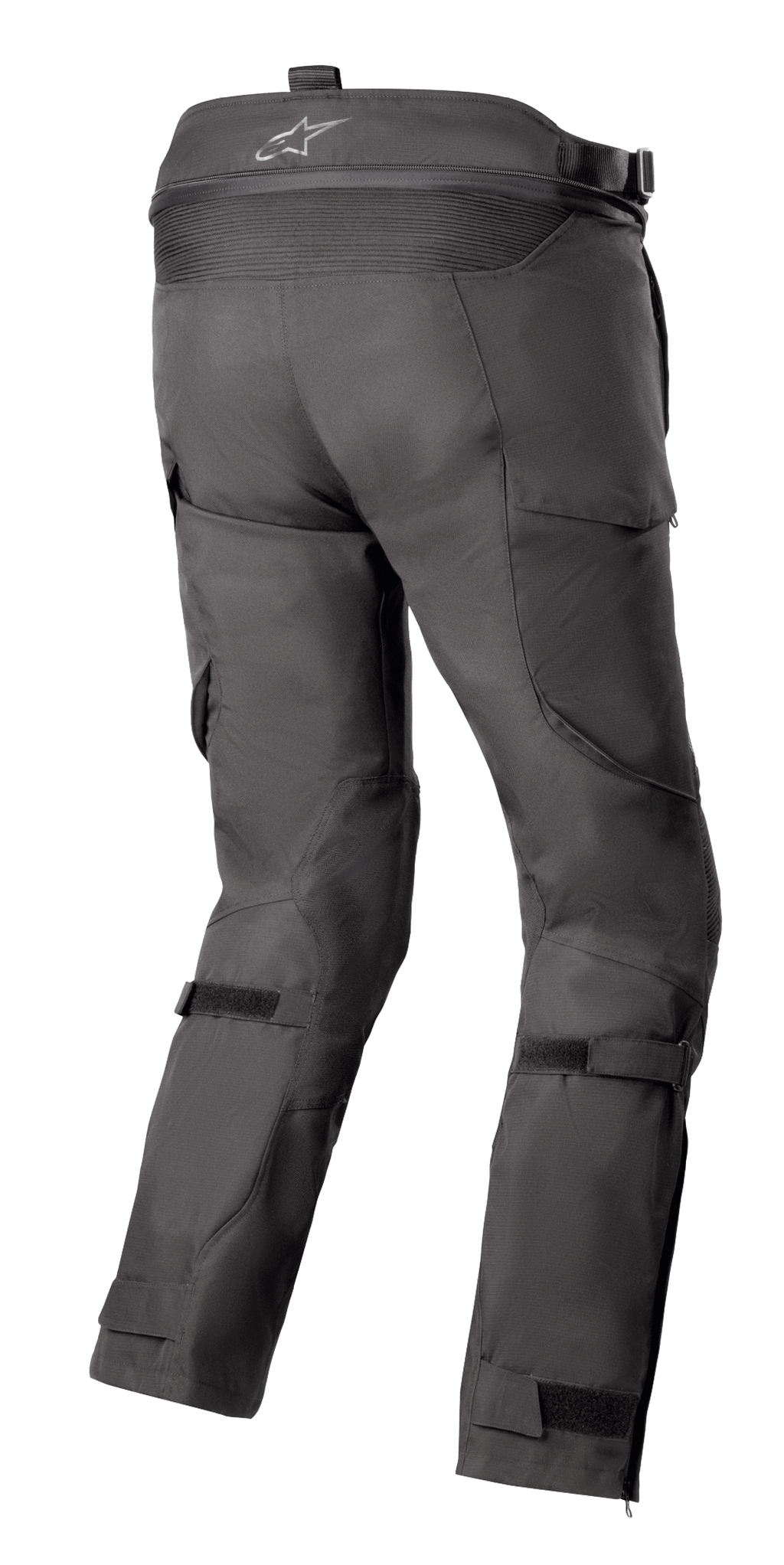 Alpinestars Bogota' Pro Drystar® 4 Seasons broek, zwart, achteraanzicht van adventure touring motorbroek met logo op de tailleband, harmonica-stretchpanelen en verstelbare beenbanden