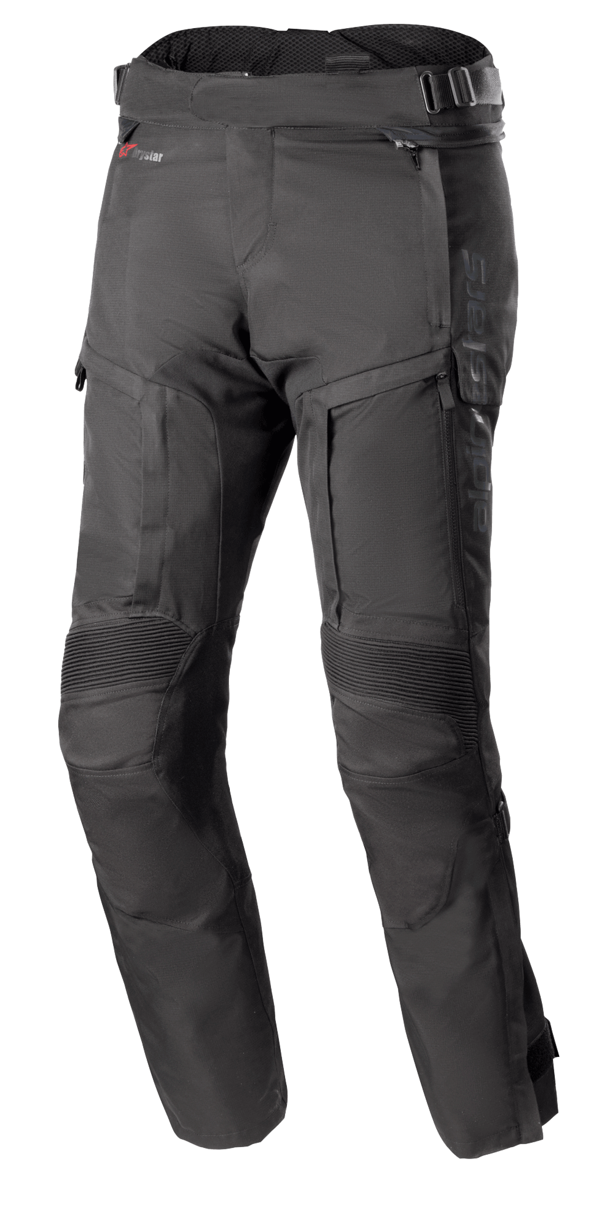 Alpinestars Bogota Pro Drystar 4 Seasons motorbroek, zwarte touring motorbroek, reguliere pasvorm, versterkte kniezones met geribbelde bescherming, verstelbare taillebanden met gespen, Drystar waterdichte technologie, meerdere zakken en ventilatieritsen