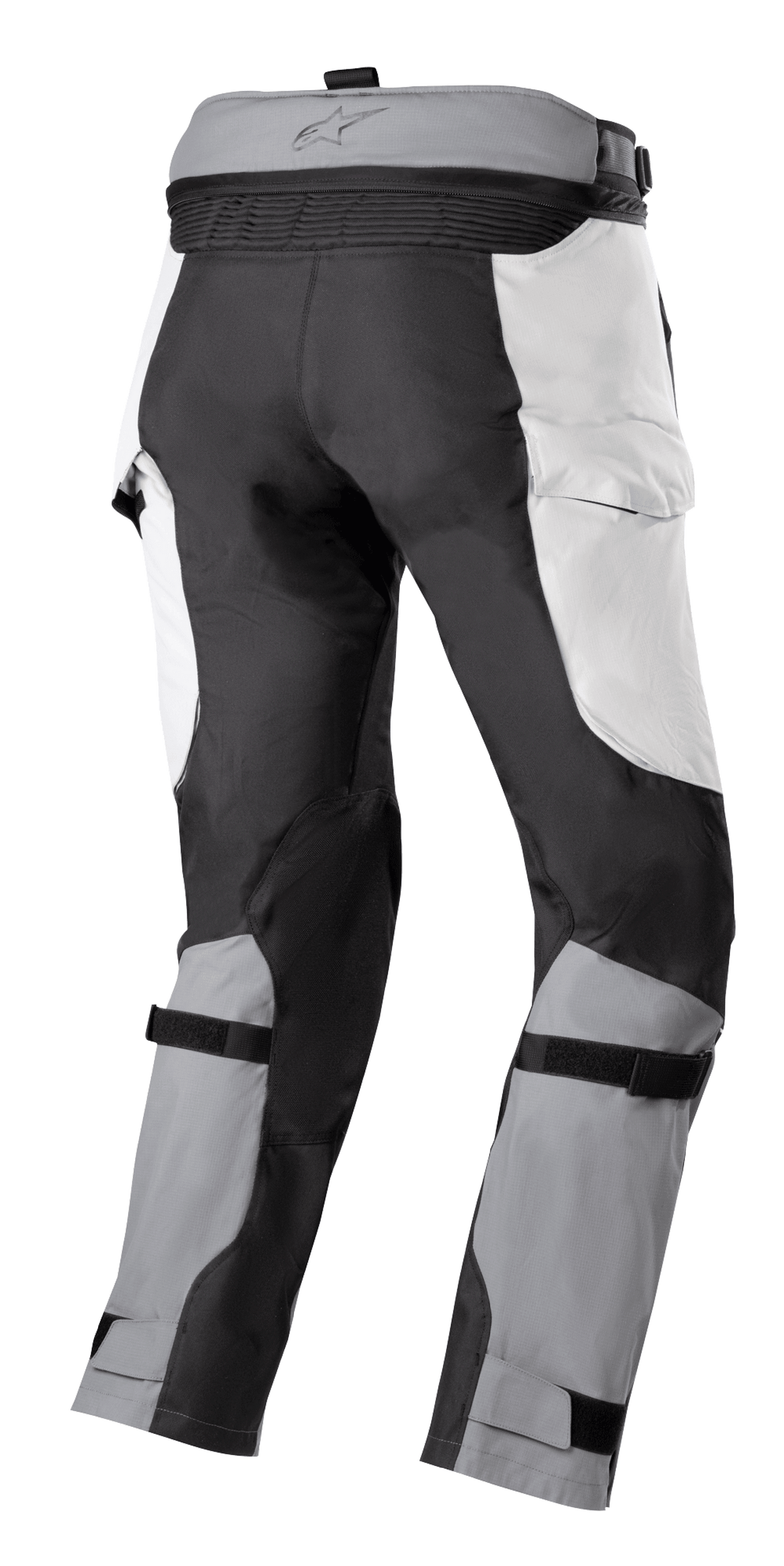 Alpinestars Bogota' Pro Drystar® 4 Seasons broek, Adventure Touring motorbroek, Ice Gray en Dark Gray, achteraanzicht met verbindingsrits in de taille, panelen in cargostijl en verstelbare kuitbanden voor een goede pasvorm