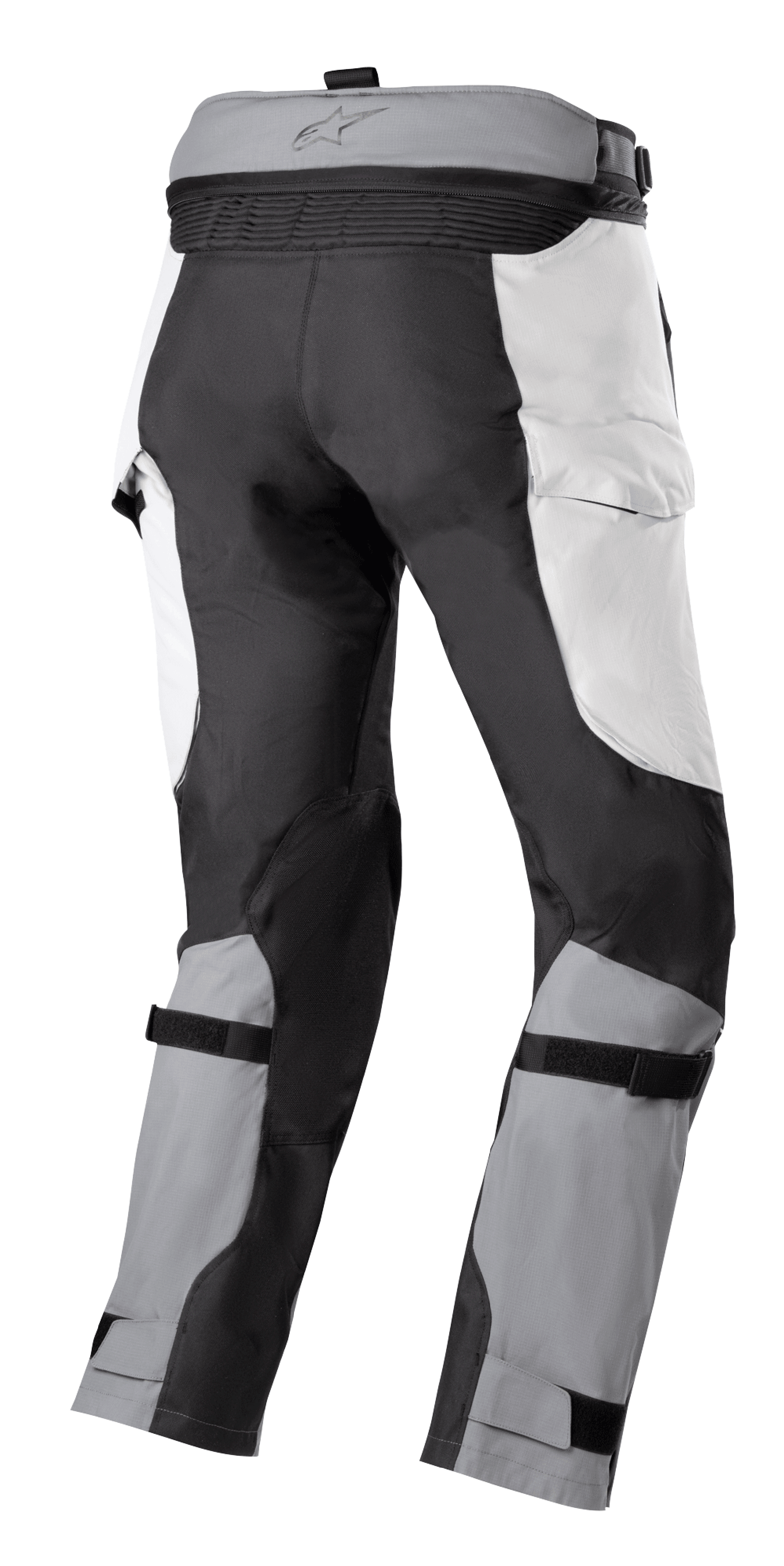 Alpinestars Bogota' Pro Drystar® 4 Seasons broek, Adventure Touring motorbroek, Ice Gray en Dark Gray, achteraanzicht met verbindingsrits in de taille, panelen in cargostijl en verstelbare kuitbanden voor een goede pasvorm
