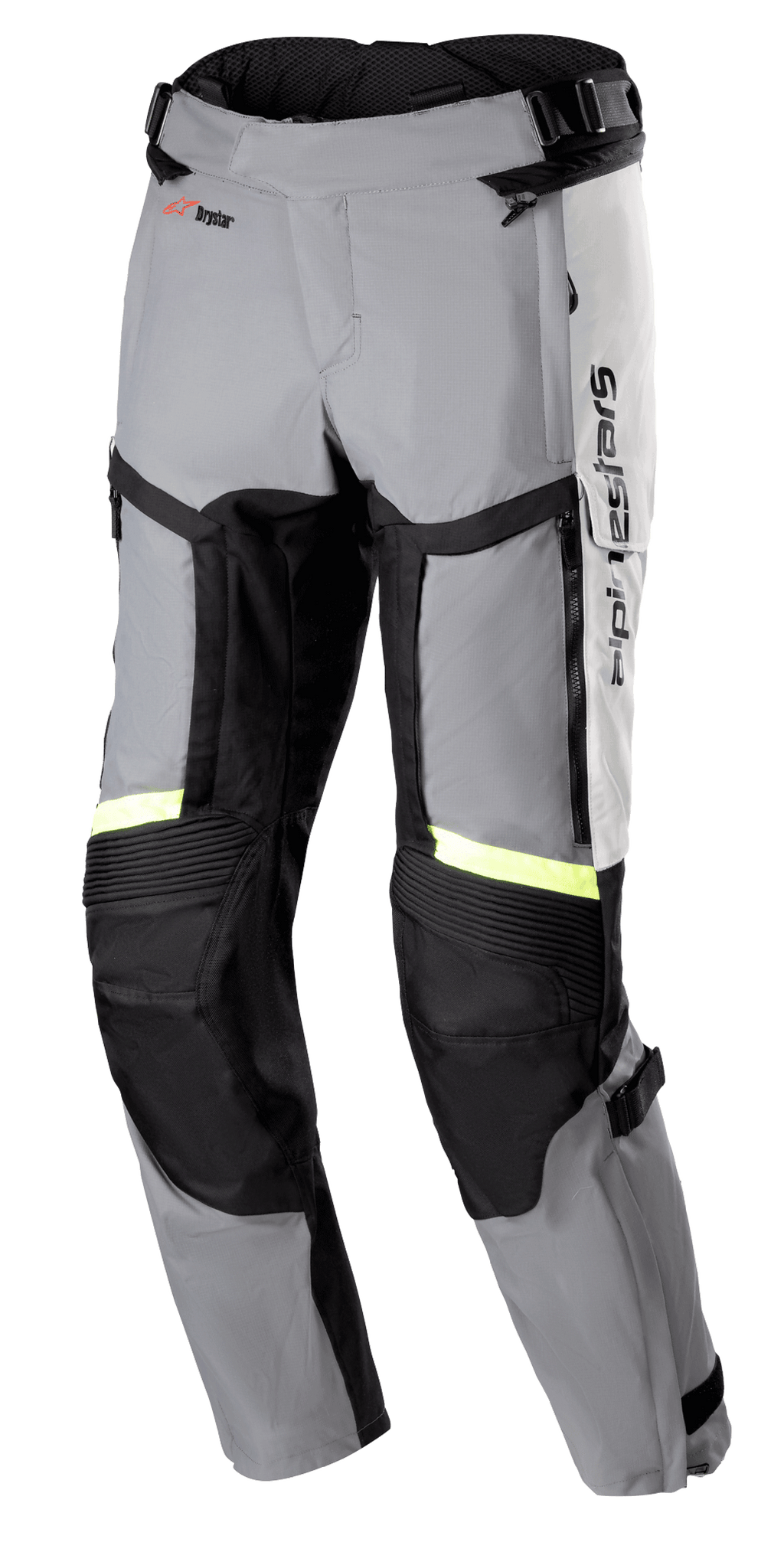 Alpinestars Bogota Pro Drystar 4 Seasons broek, touring motorbroek met normale pasvorm, ijsgrijs en donkergrijs met fluo gele reflecterende strips, voorzien van grote ventilatiepanelen op de dijen, accordeonstretch op de knieën en verstelbare taillebanden, adventure motorkleding