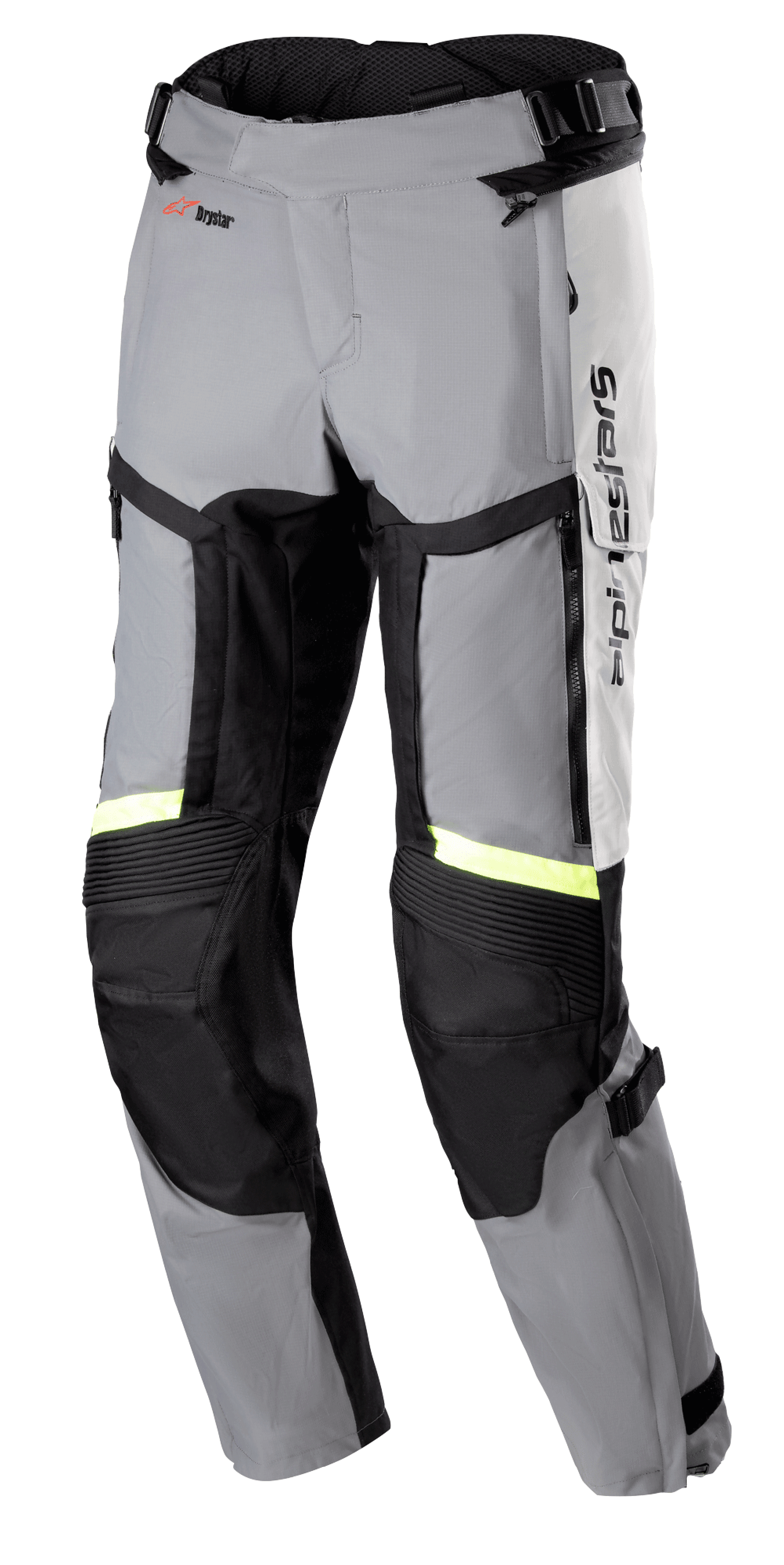 Alpinestars Bogota Pro Drystar 4 Seasons broek, touring motorbroek met normale pasvorm, ijsgrijs en donkergrijs met fluo gele reflecterende strips, voorzien van grote ventilatiepanelen op de dijen, accordeonstretch op de knieën en verstelbare taillebanden, adventure motorkleding