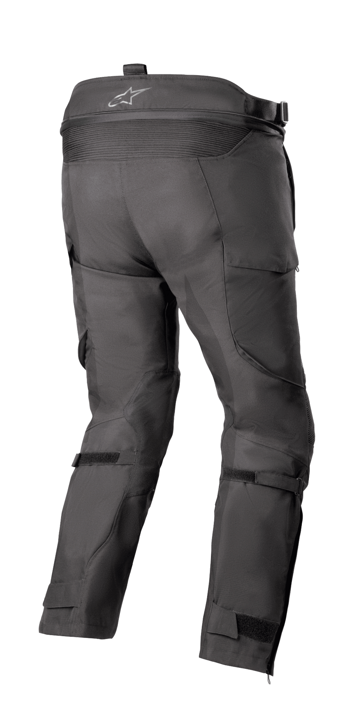 Alpinestars Bogotá Pro Drystar® 4 Seasons Broek - Short, adventure touring motorbroek, zwart, achteraanzicht met hoge taille en logo, stretch accordeonpaneel, verstelbare kuitbanden en technische textielconstructie.