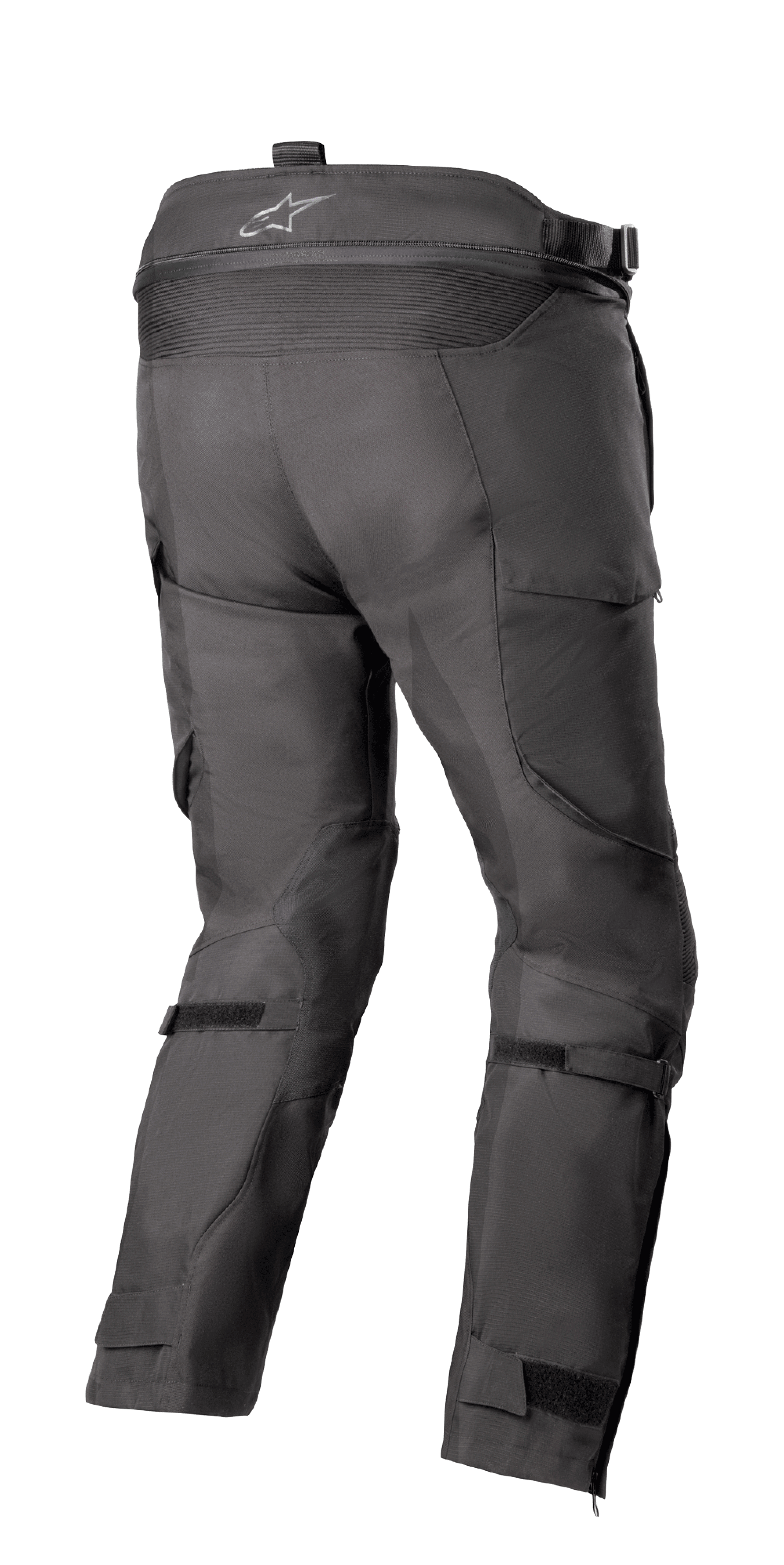 Alpinestars Bogotá Pro Drystar® 4 Seasons Broek - Short, adventure touring motorbroek, zwart, achteraanzicht met hoge taille en logo, stretch accordeonpaneel, verstelbare kuitbanden en technische textielconstructie.