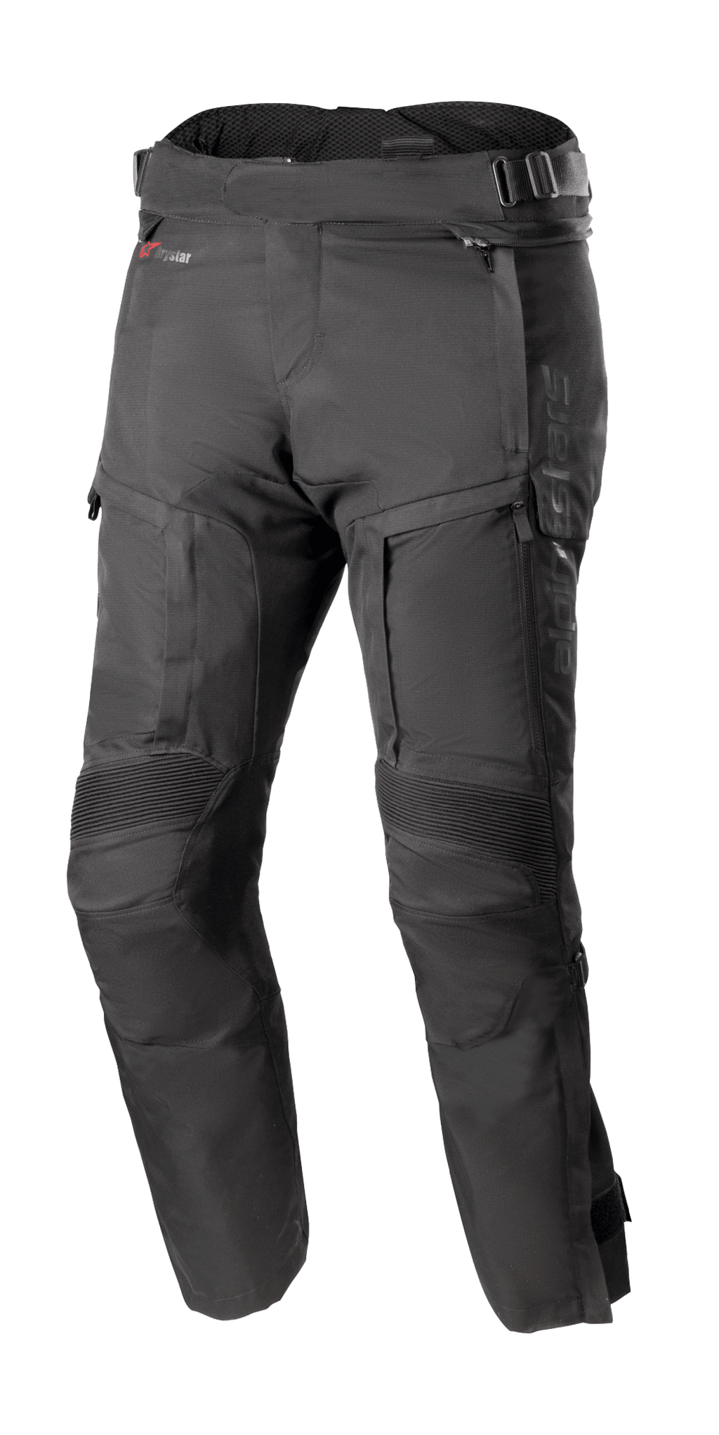 Alpinestars Bogota Pro Drystar 4 Seasons Pants Short, zwarte touring motorbroek, waterdicht en ademend, versterkte accordeon kniepanelen, verstelbare taillebanden, ventilatie en zakken met ritssluiting, duurzame ripstop stof, bescherming voor alle seizoenen