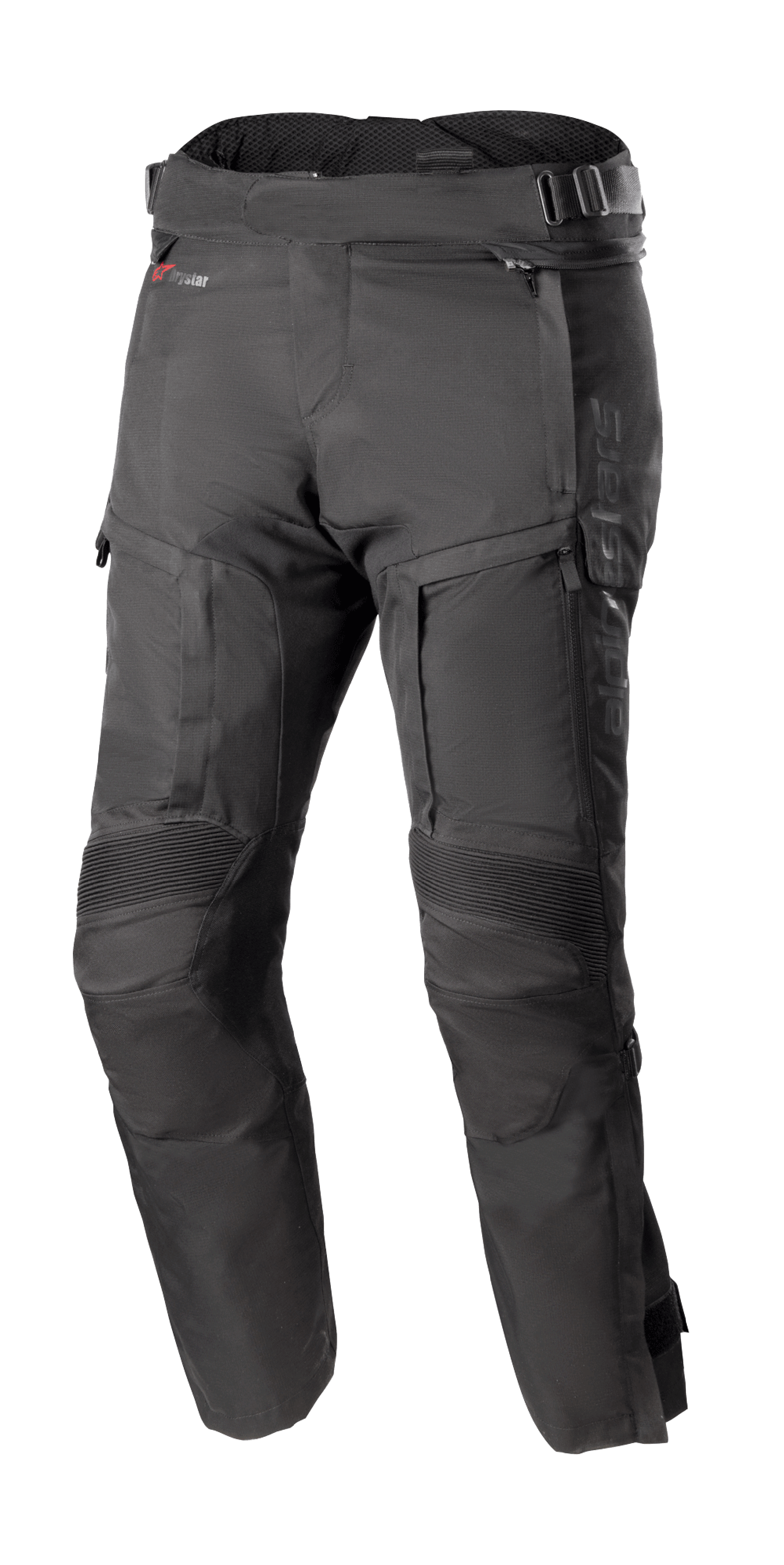 Alpinestars Bogota Pro Drystar 4 Seasons Pants Short, zwarte touring motorbroek, waterdicht en ademend, versterkte accordeon kniepanelen, verstelbare taillebanden, ventilatie en zakken met ritssluiting, duurzame ripstop stof, bescherming voor alle seizoenen