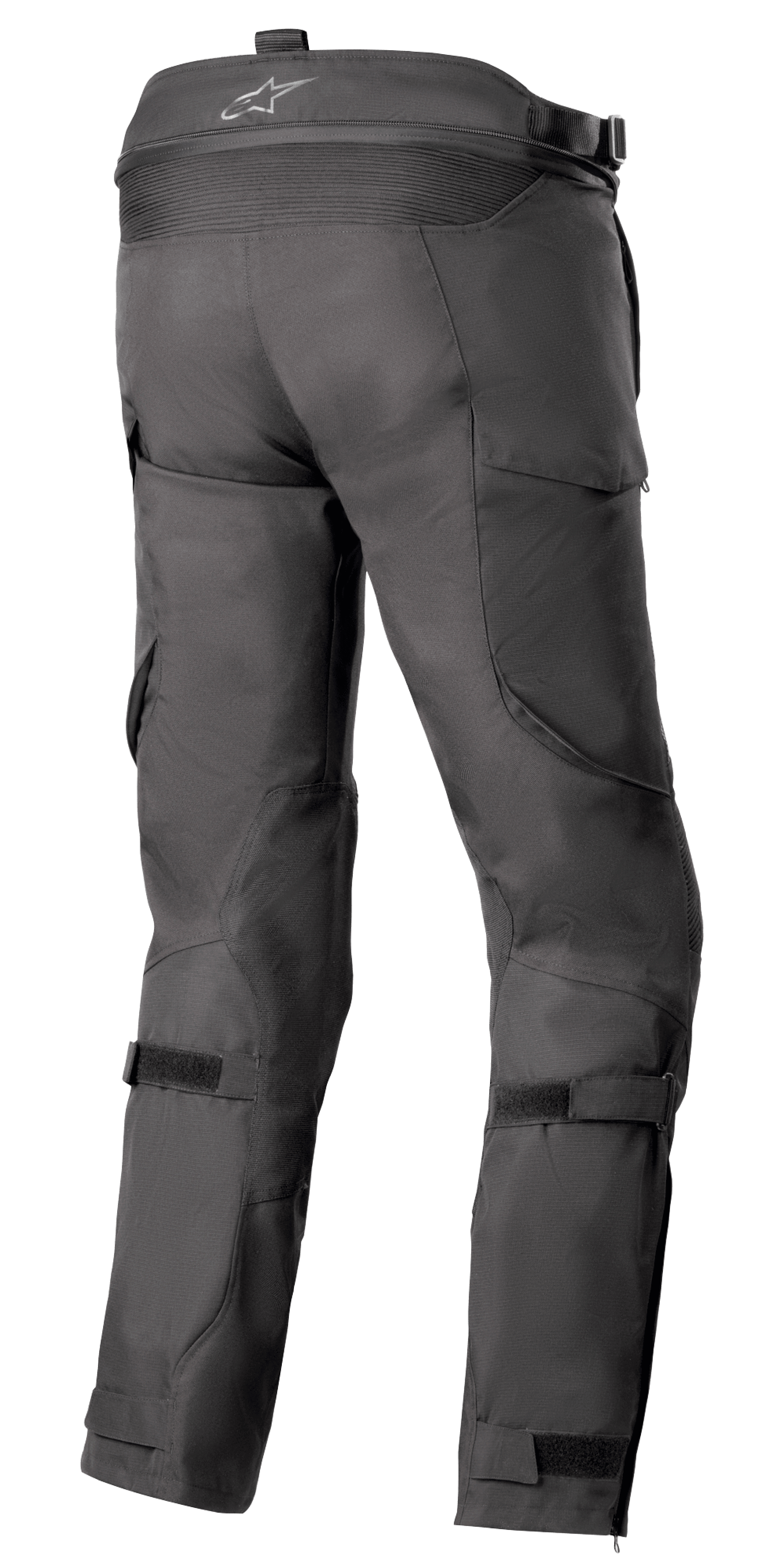 Alpinestars Bogotá Pro Drystar® 4 Seasons Broek - Long, zwarte textiele motorbroek, achteraanzicht met verstelbare taille- en kuitbanden, ergonomische pasvorm voor adventure rijden