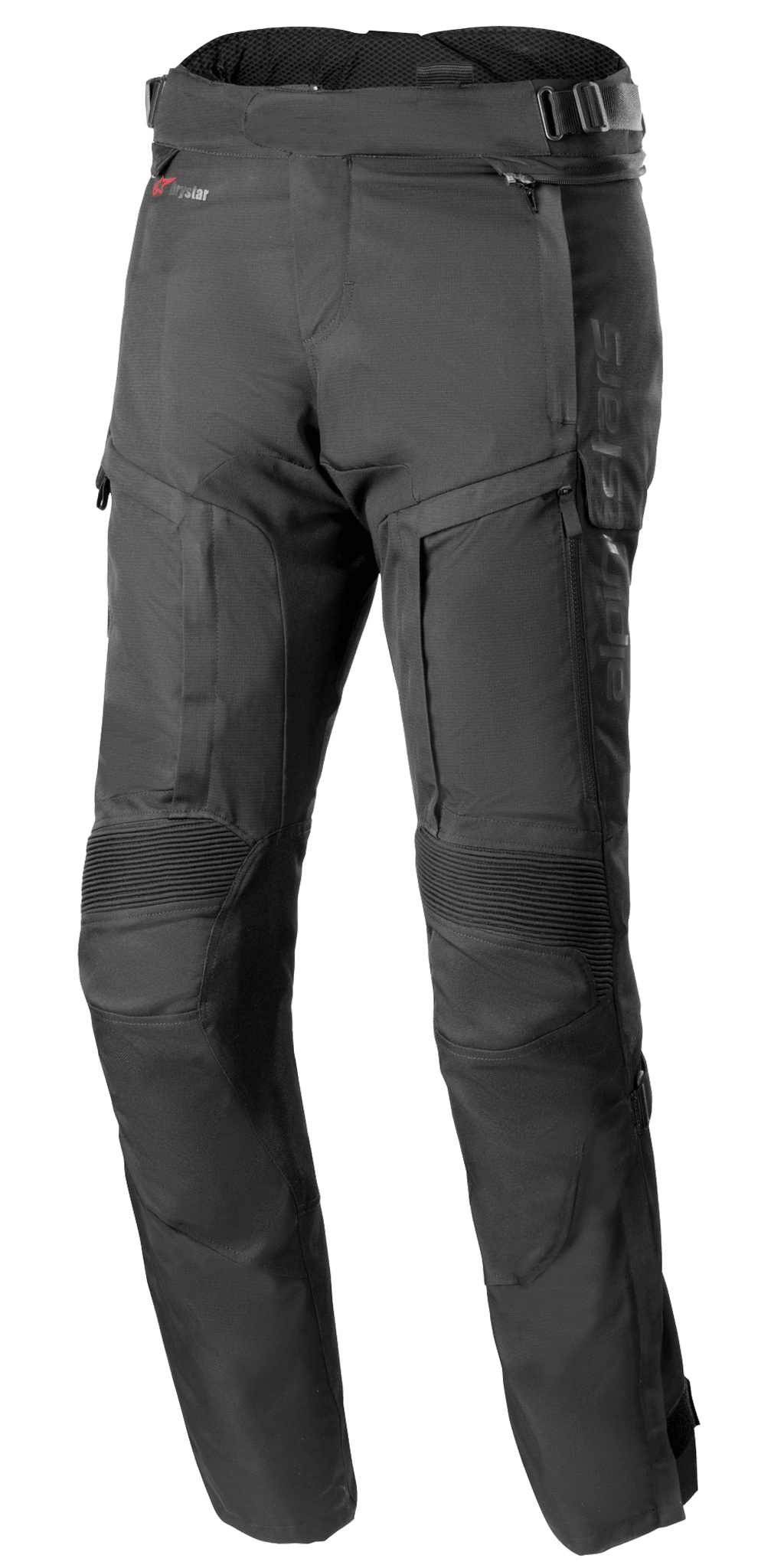 Alpinestars Bogota Pro Drystar 4 Seasons Pants - Long, zwarte adventure motorbroek, geribbelde stretchpanelen op de knieën, ventilatiepanelen met rits op de dijbenen, verstelbare taillebanden met gespen, duurzame technische textielconstructie voor bescherming in alle weersomstandigheden