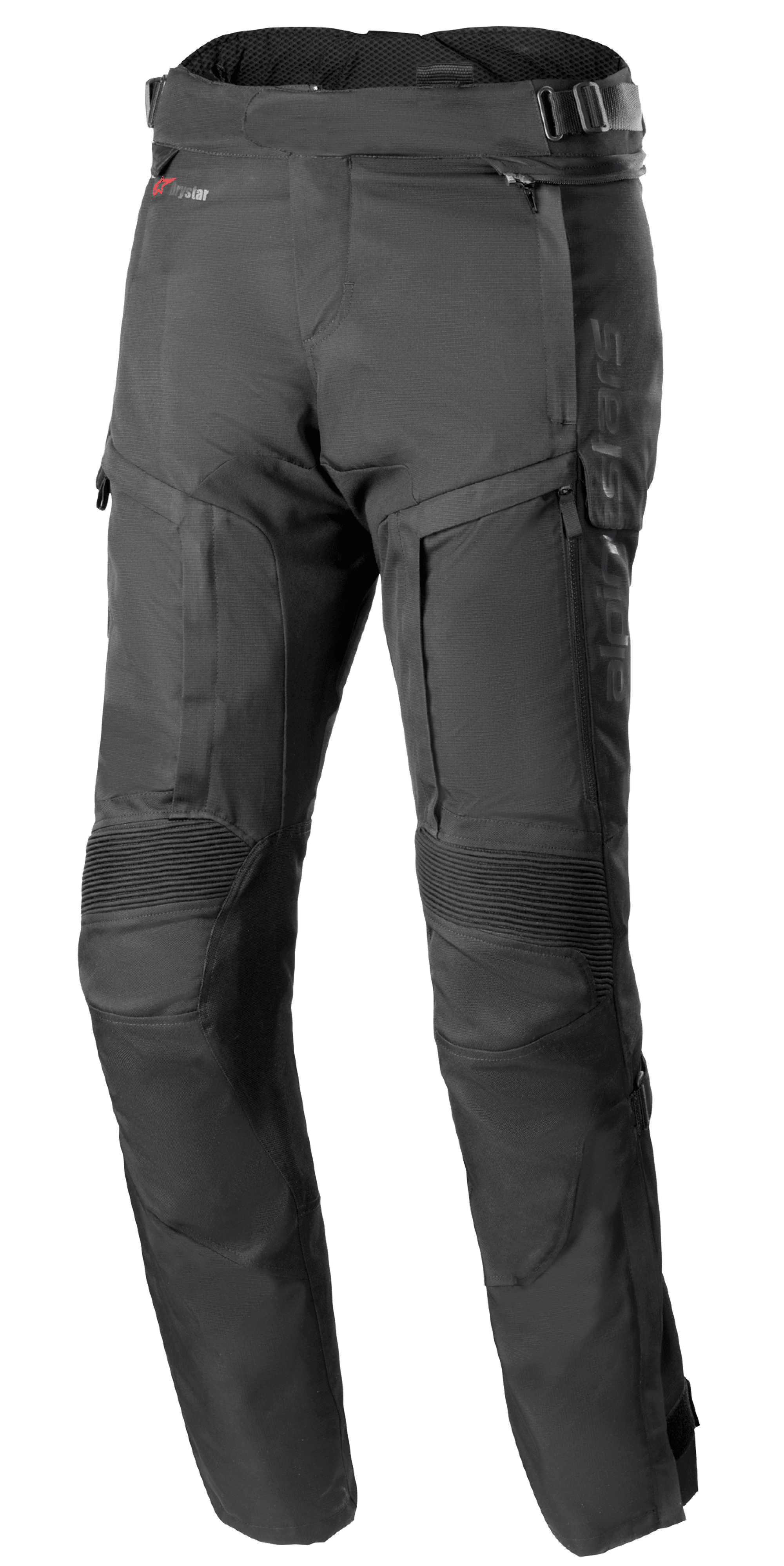 Alpinestars Bogota Pro Drystar 4 Seasons Pants - Long, zwarte adventure motorbroek, geribbelde stretchpanelen op de knieën, ventilatiepanelen met rits op de dijbenen, verstelbare taillebanden met gespen, duurzame technische textielconstructie voor bescherming in alle weersomstandigheden