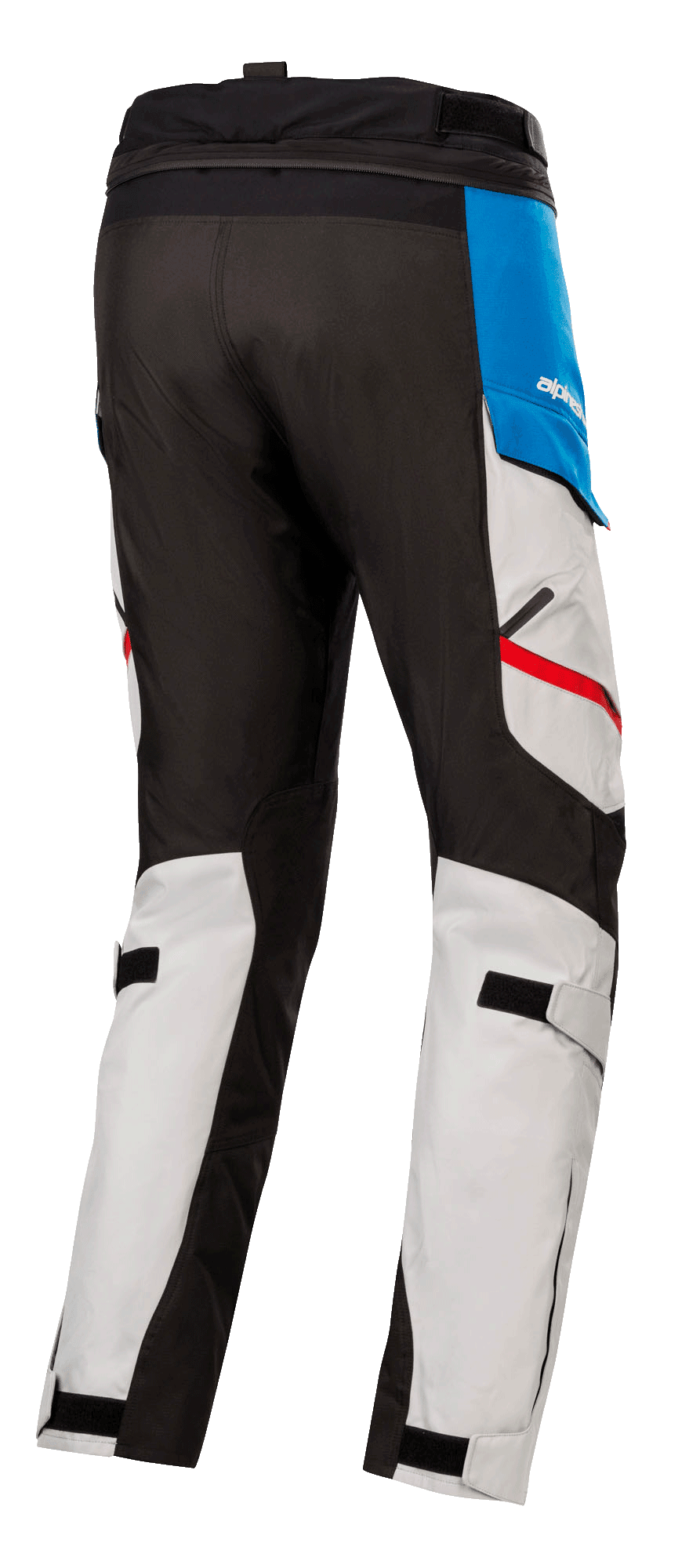Alpinestars Honda Andes V3 Drystar® broek, textiele motorbroek, Ice Gray met blauwe en felrode accenten, achteraanzicht met zwarte versterkte panelen, verstelbare kuitbanden en verbindingsrits in de taille.