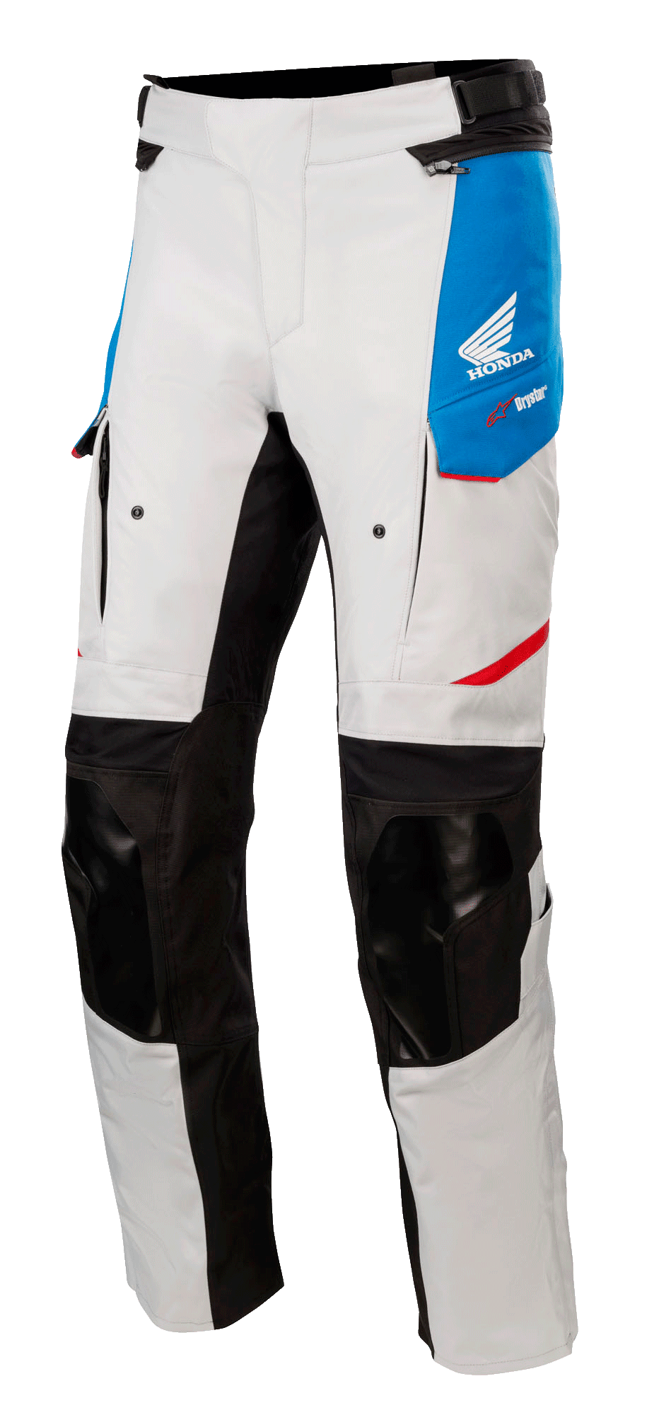 Alpinestars Honda Andes V3 Drystar® motorbroek, touring motorbroek, ijsgrijs met blauwe panelen en felrode accenten, voorzien van zwarte verstevigde knieën en binnenbeenpanelen, ventilatieopeningen met rits op de dijen, Honda-vleugellogo, waterdichte adventure-uitrusting