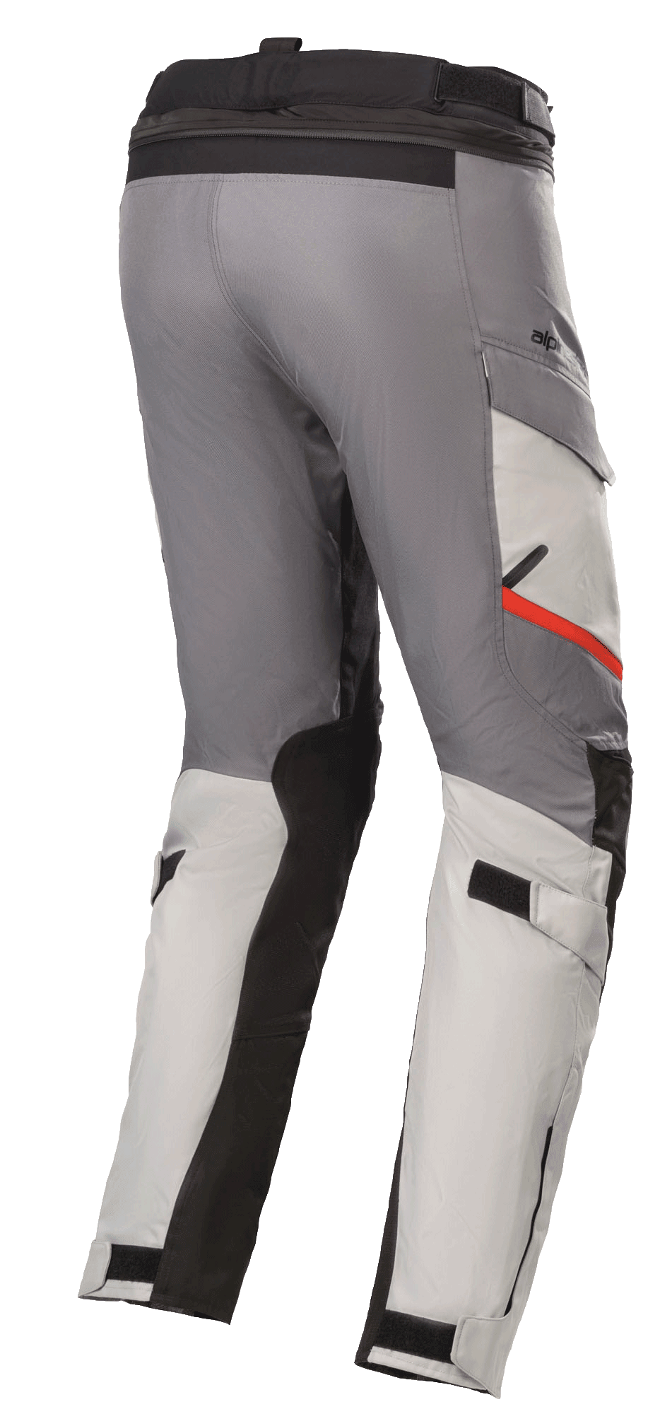 Alpinestars Andes V3 Drystar® broek, motor touringbroek, Ice Gray en Dark Gray, voorzien van zwarte verstevigingspanelen en een rood accent op de zak, verstelbare taille- en kuitbanden, duurzame textielconstructie voor adventure rijden