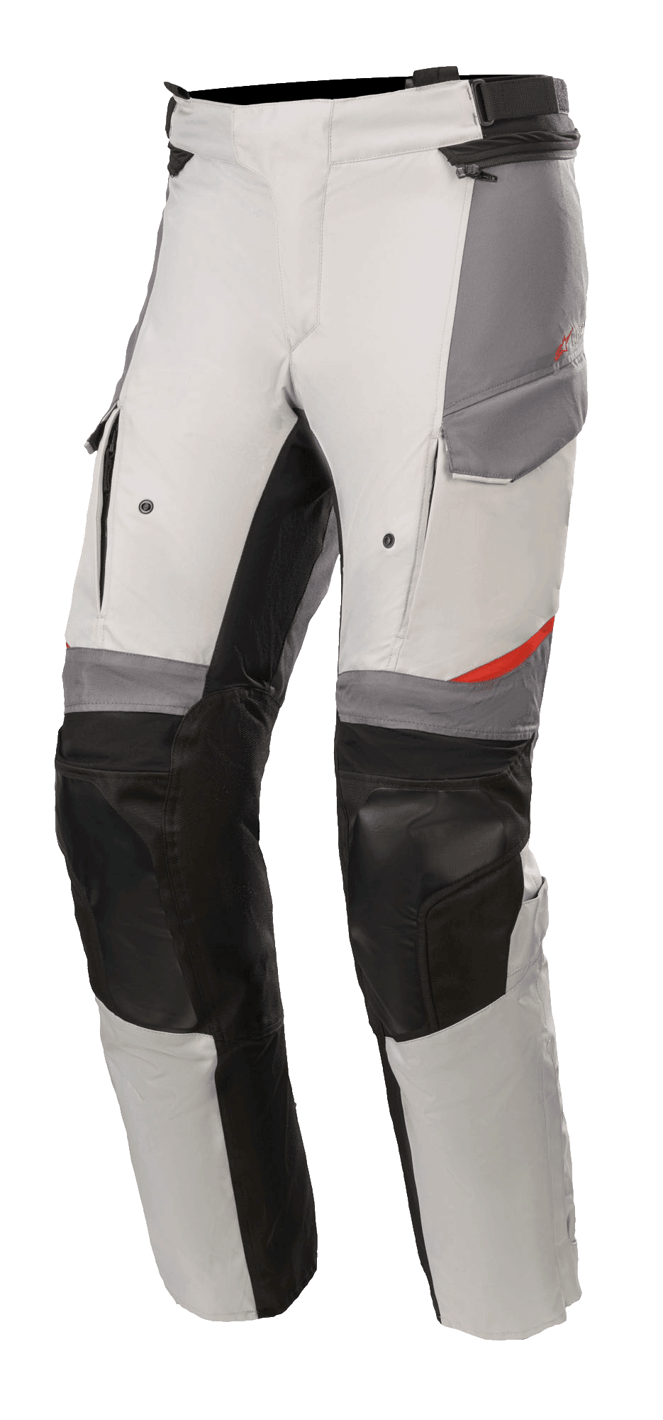 Alpinestars Andes V3 Drystar® broek, adventure touring motorbroek, ijsgrijs en donkergrijs met zwarte accenten, voorzien van verstevigde kniepanelen, cargo-stijl zakken en verstelbare tailleband, duurzaam textielmateriaal met rode details
