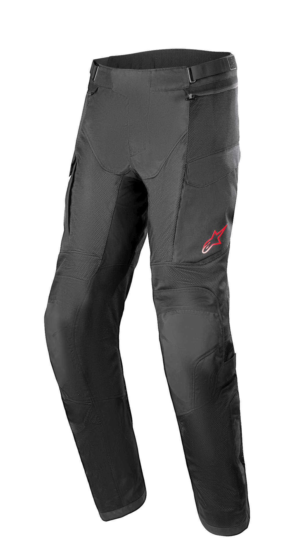 Alpinestars Andes Air Drystar® broek, adventure touring motorbroek, zwart, voorzien van uitgebreide mesh-panelen voor ventilatie, rood sterlogo op de linkerdij, verstelbare taillebanden en versterkte kniestukken, ontworpen voor toercomfort