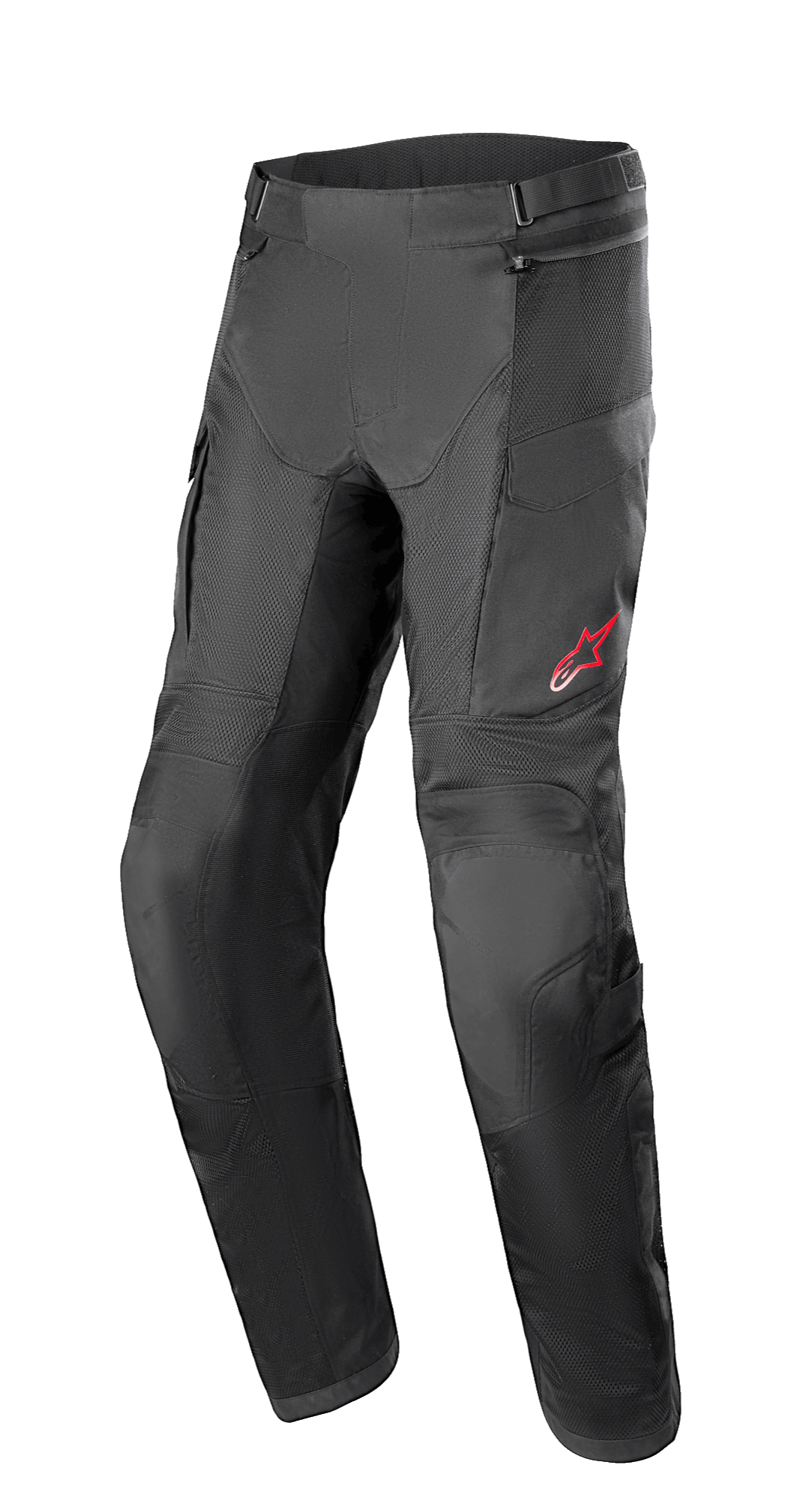Alpinestars Andes Air Drystar® broek, adventure touring motorbroek, zwart, voorzien van uitgebreide mesh-panelen voor ventilatie, rood sterlogo op de linkerdij, verstelbare taillebanden en versterkte kniestukken, ontworpen voor toercomfort