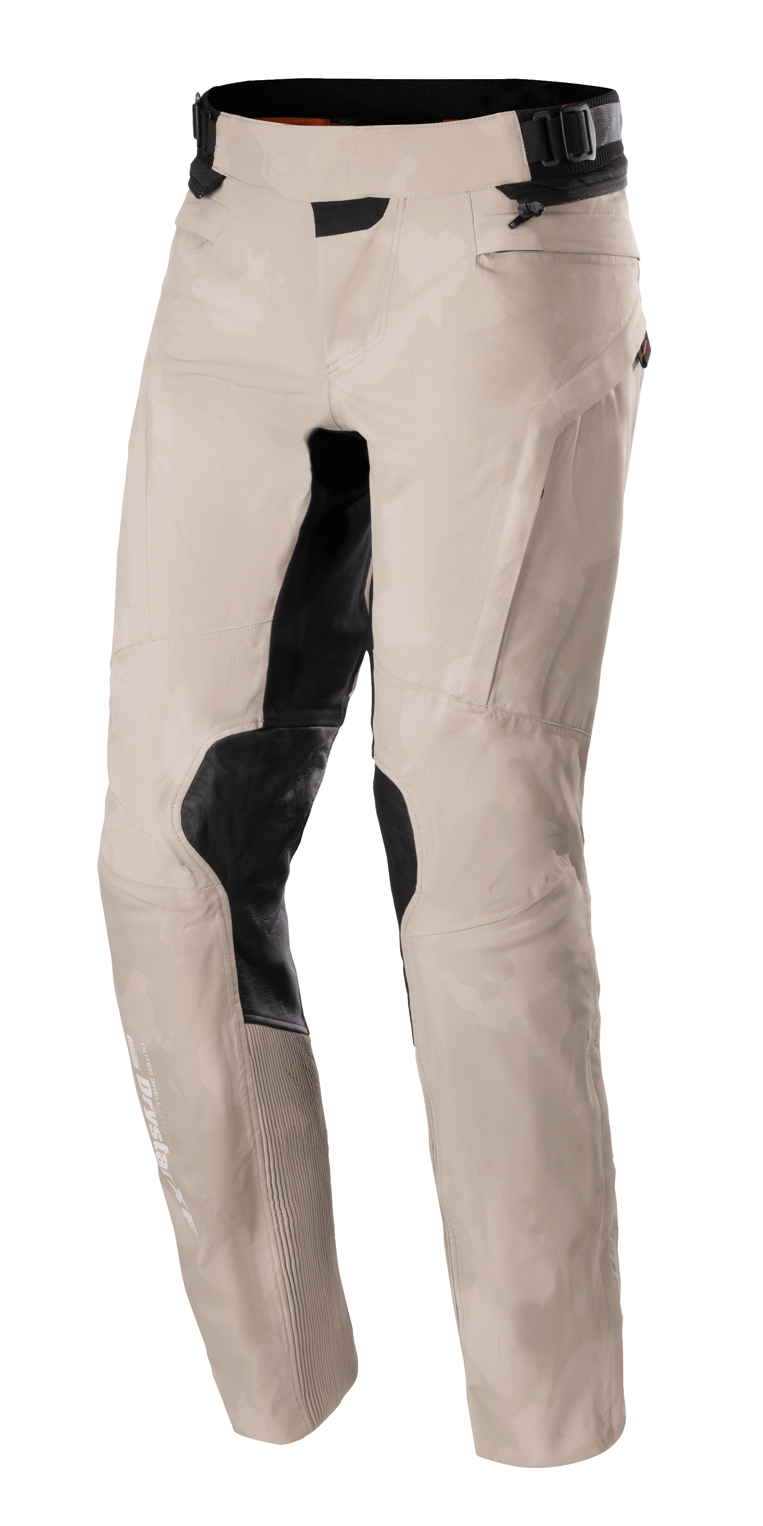 Alpinestars AMT-10LAB Drystar® XF Pants, adventure motorbroek, Aluminum Camo, lichtgrijs camouflagepatroon met zwarte versterkte panelen op de knieën en binnenkant van de dijen, technische textielconstructie met een verstelbare taille en Drystar-branding op het onderbeen