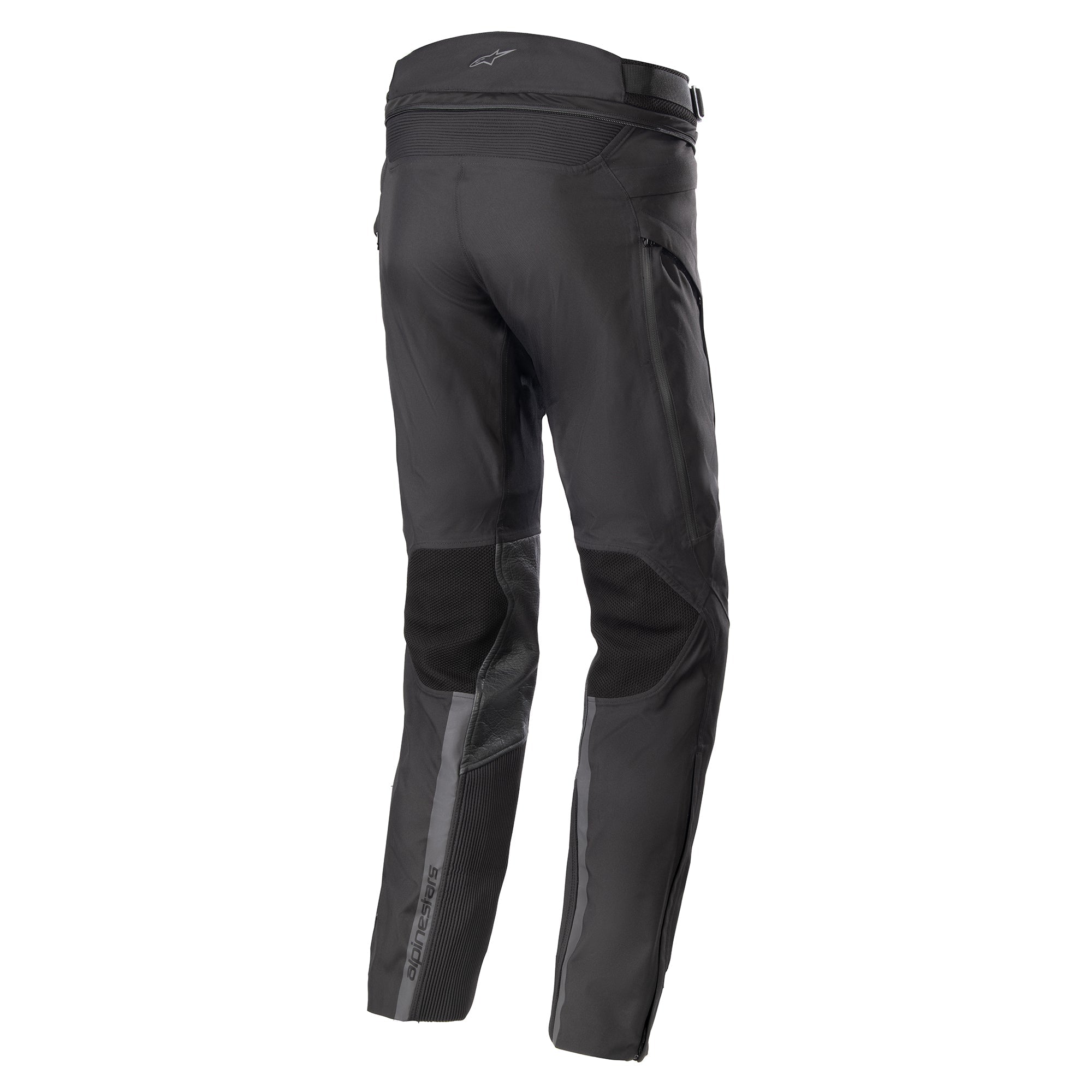 Alpinestars AMT-10 Drystar® XF broek, adventure touring motorbroek voor heren, zwart en grijs, waterdicht textiel met RIDEKNIT® mesh zones en MATRYX® panelen, achteraanzicht, CE-gecertificeerd.