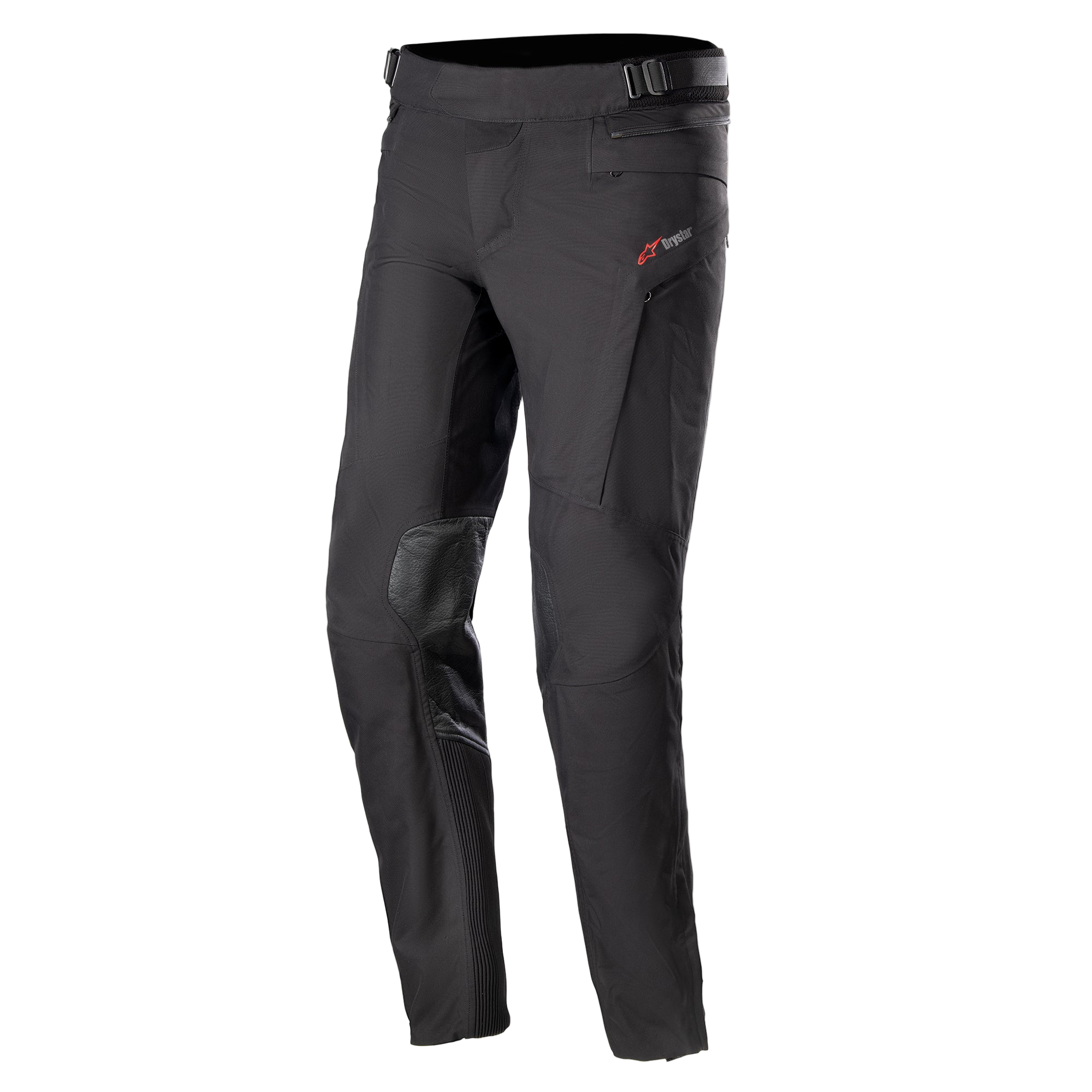 Alpinestars AMT-10 Drystar® XF broek, motor touringbroek, zwart, met rood logo op de heup, versterkte kniepanelen, accordeon-stretch op de onderbenen, verstelbare taille en zakken met ritssluiting, technisch textielontwerp voor adventure-rijden