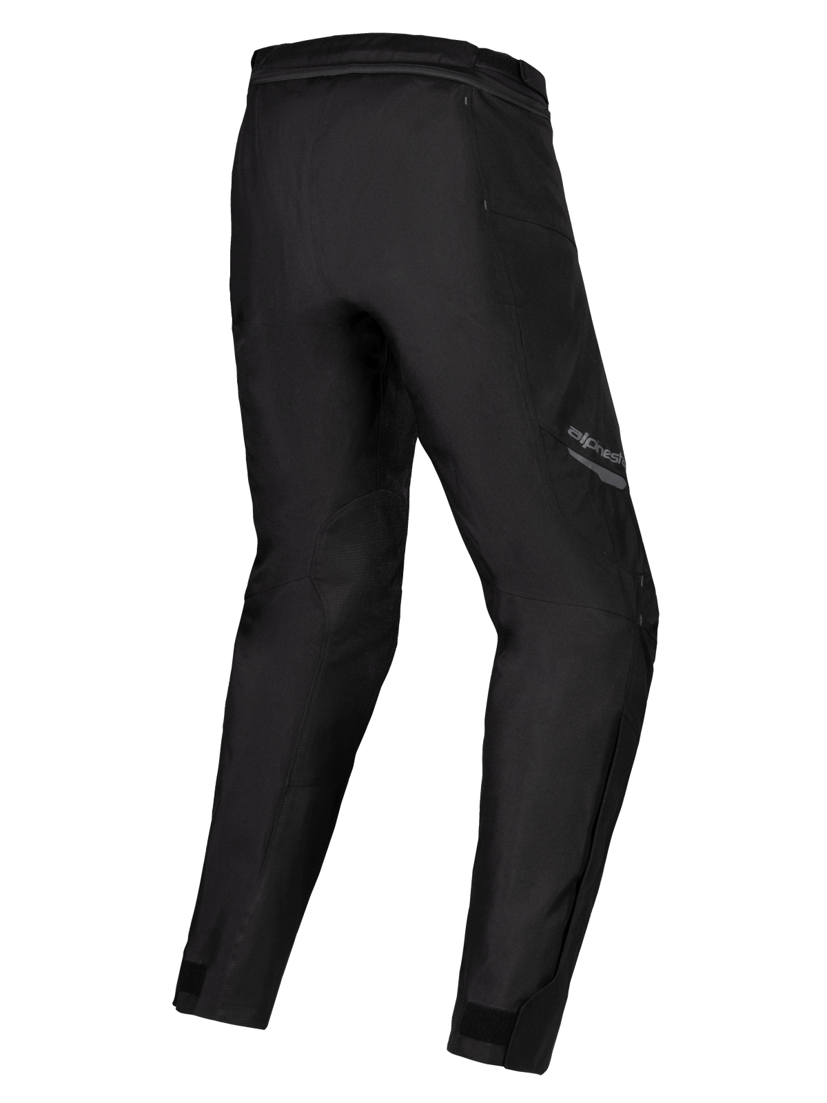 Alpinestars Stella ST-1 Waterproof broek, motorbroek voor dames, zwart, driekwart achteraanzicht met voorgevormde benen, textiele constructie met verbindingsrits in de taille en enkelaanpassers, adventure touring-uitrusting
