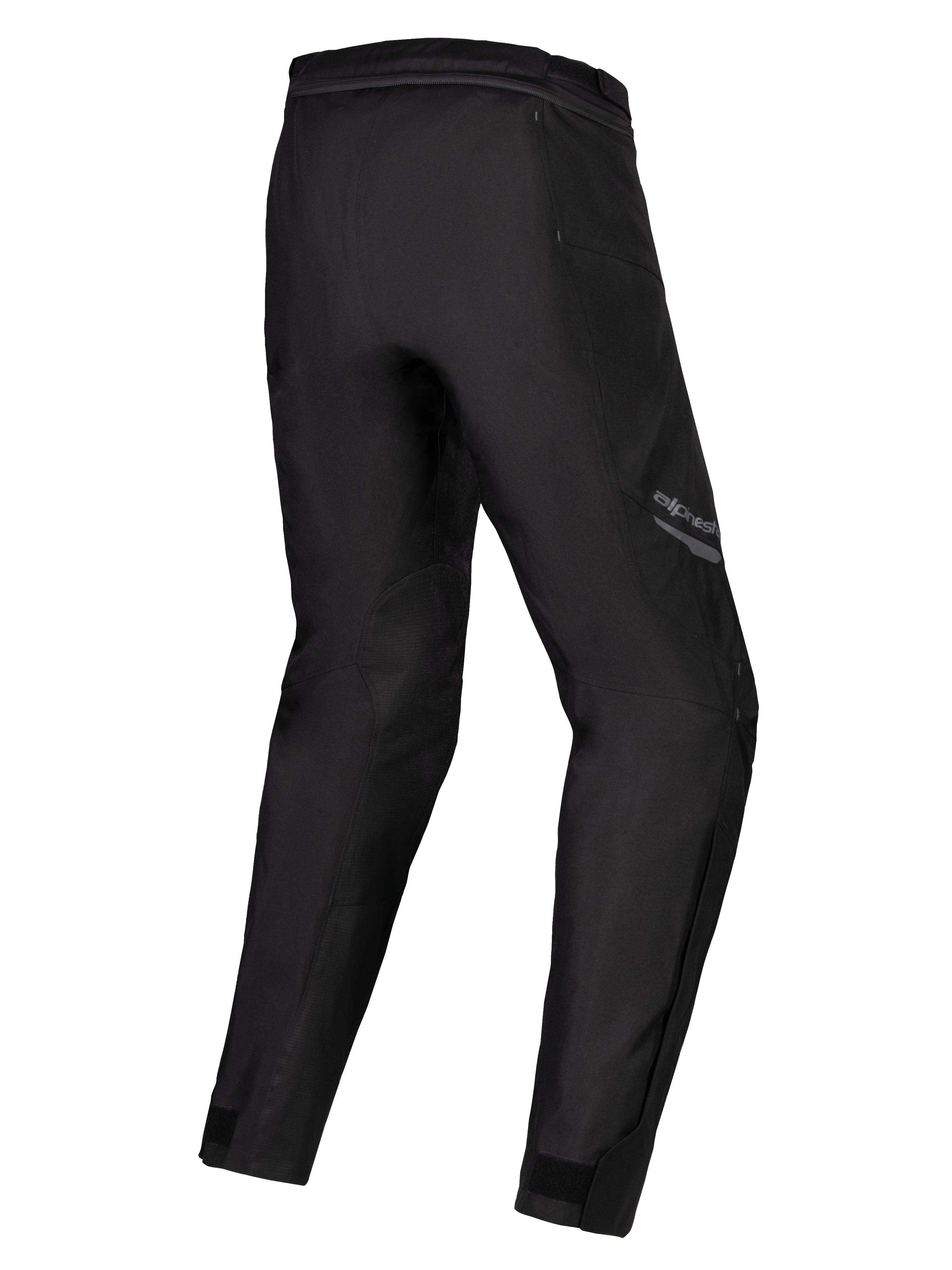 Alpinestars Stella ST-1 Waterproof broek, motorbroek voor dames, zwart, driekwart achteraanzicht met voorgevormde benen, textiele constructie met verbindingsrits in de taille en enkelaanpassers, adventure touring-uitrusting