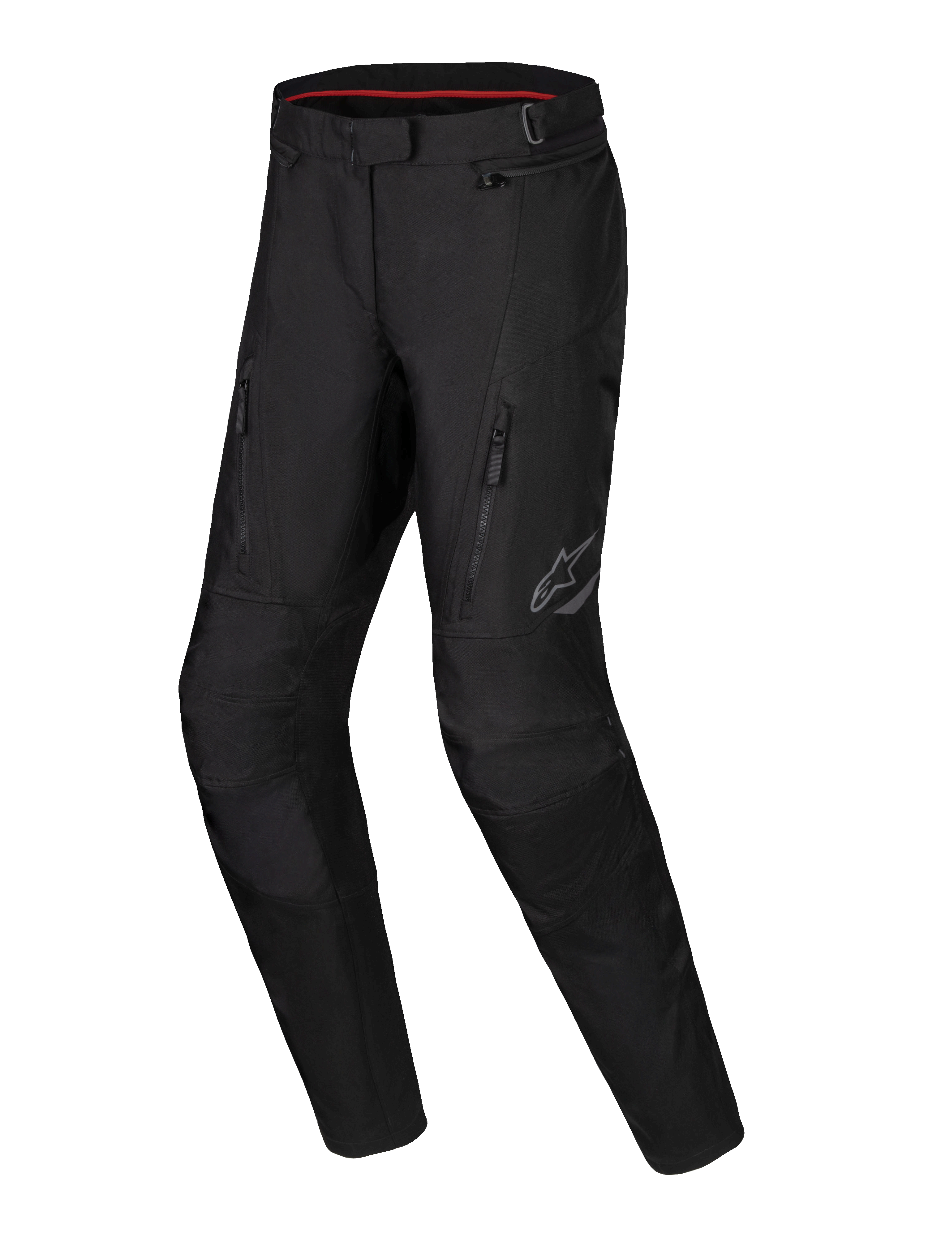 Alpinestars Stella ST-1 waterdichte broek, dames adventure touring motorbroek, zwart, met voorzakken met rits, versterkte kniepanelen en reflecterend Alpinestars-logo op het bovenbeen, waterdichte textielconstructie met voorgevormde broekspijpen