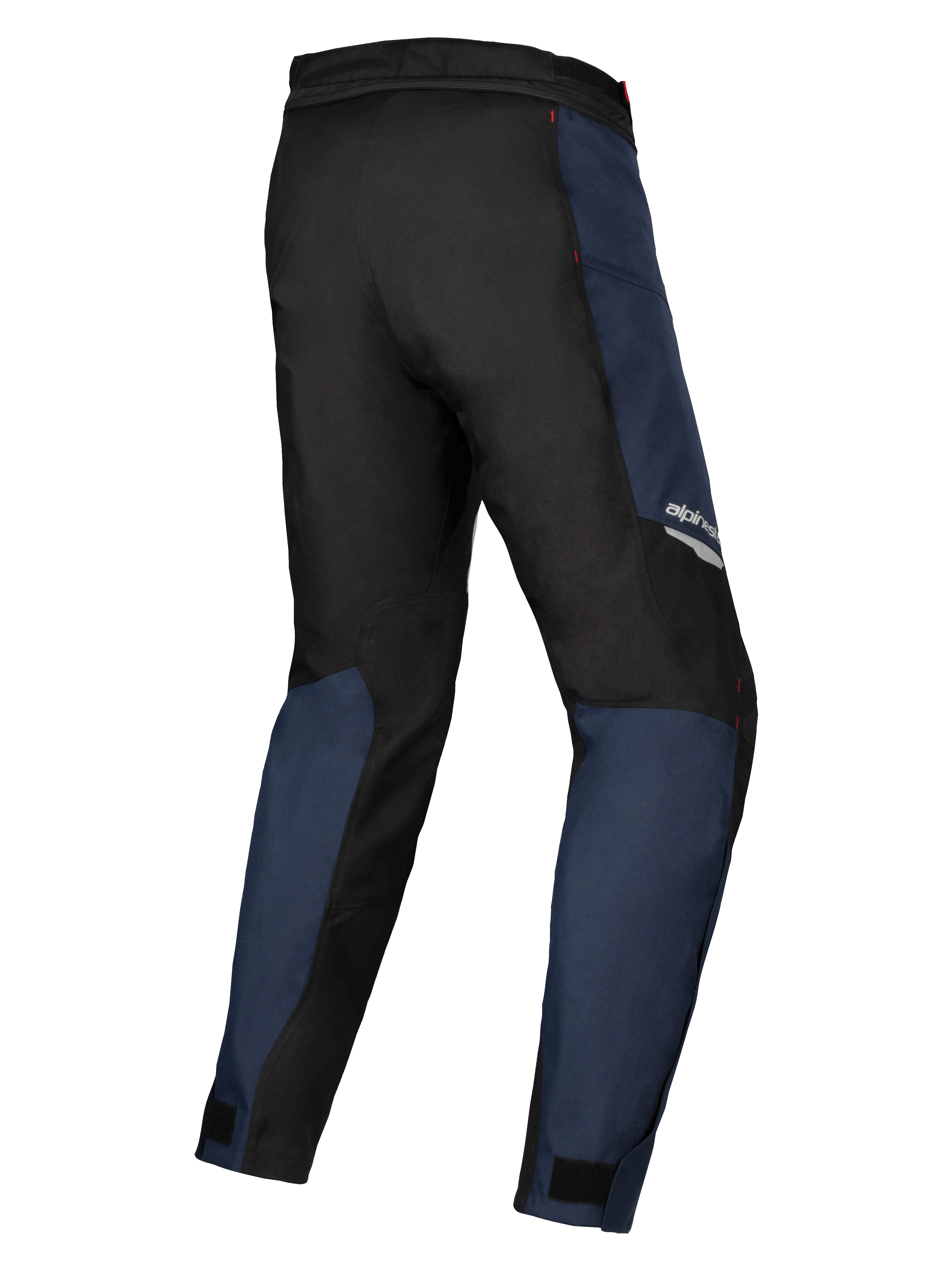 Alpinestars Stella ST-1 Waterproof broek, donkerblauw en zwart textiel met felrode accenten, driekwart achteraanzicht, duurzame constructie en ergonomische pasvorm voor adventure touring voor dames.