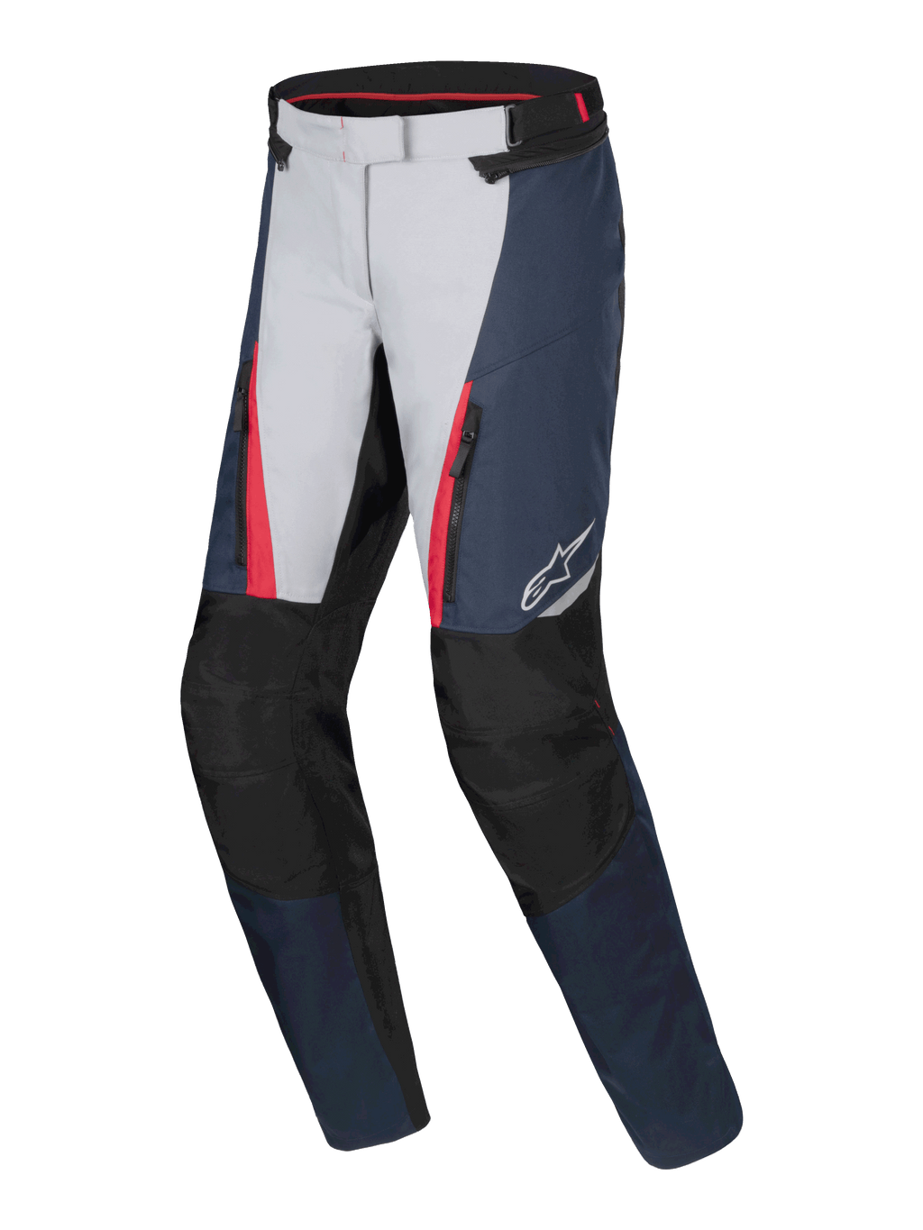 Alpinestars Stella ST-1 Waterproof Pants, dames motorbroek voor touring, donkerblauw, zwart en felrood met lichtgrijze panelen, ritszakken aan de voorzijde, verstevigde kniebescherming, ergonomisch ontwerp voor rijden in alle weersomstandigheden