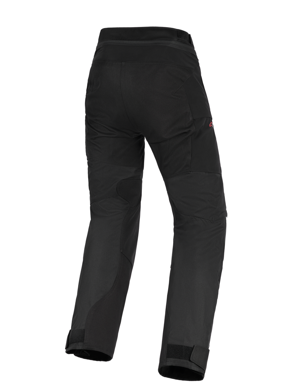 Alpinestars Stella Andes V4 Drystar® Broek, zwarte adventure-touring motorbroek, achteraanzicht met verstevigd zitvlak en panelen aan de binnenkant van de benen, ontwerp met hoge taille en verstelbare enkelmanchetten