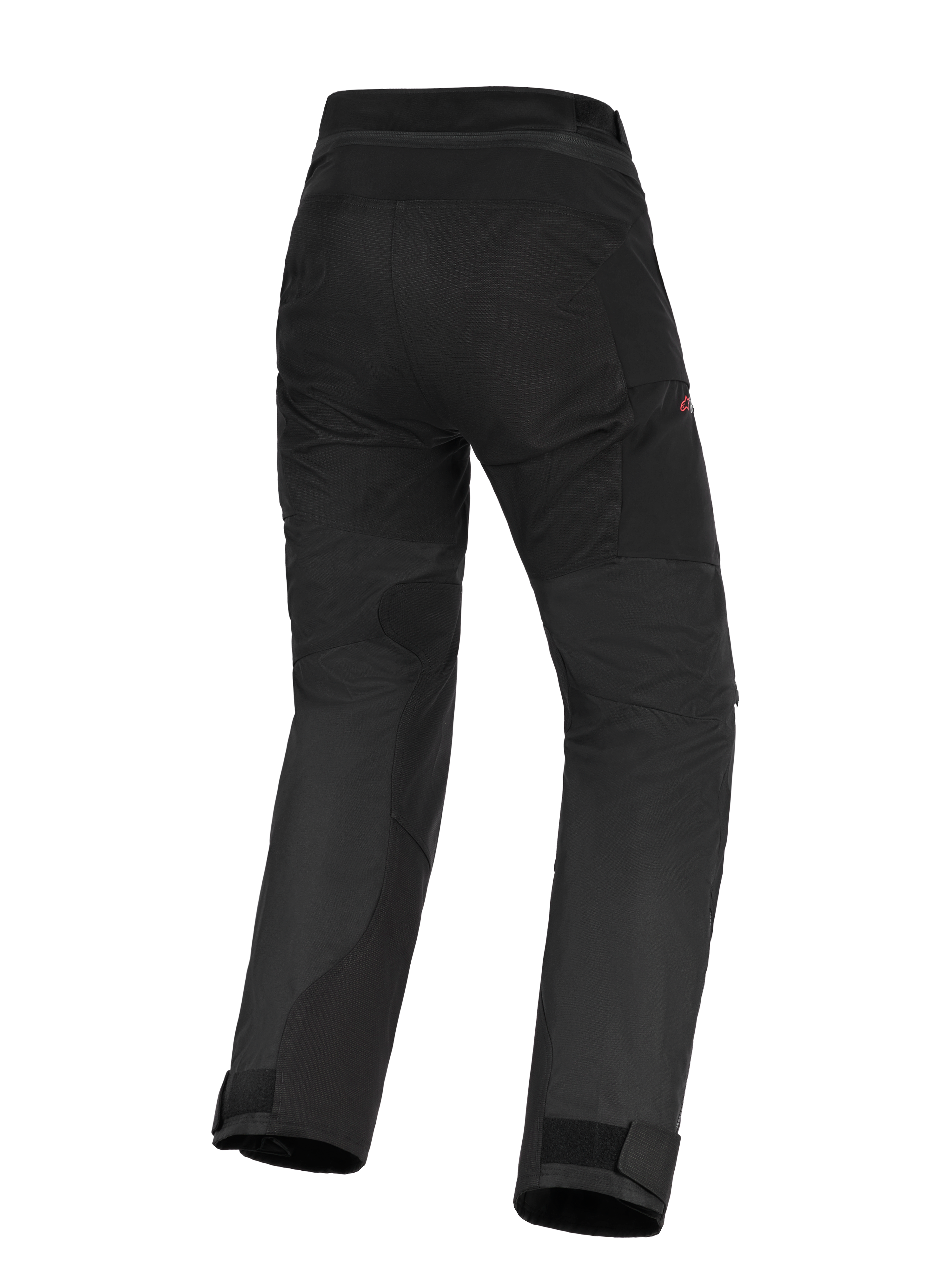 Alpinestars Stella Andes V4 Drystar® Broek, zwarte adventure-touring motorbroek, achteraanzicht met verstevigd zitvlak en panelen aan de binnenkant van de benen, ontwerp met hoge taille en verstelbare enkelmanchetten